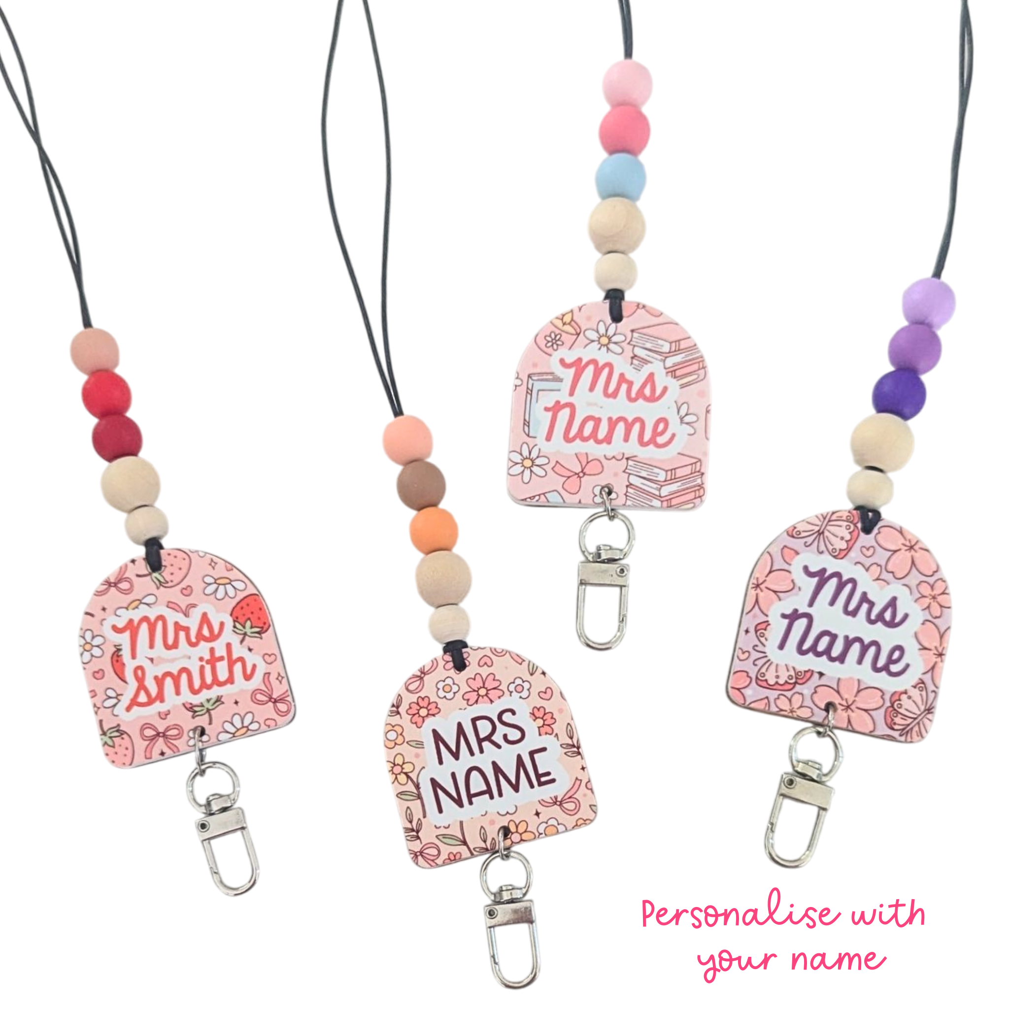 Personalised teacher lanyards with arch-shaped name tags in pink patterns and silicone beads, silver clasp and breakaway clip