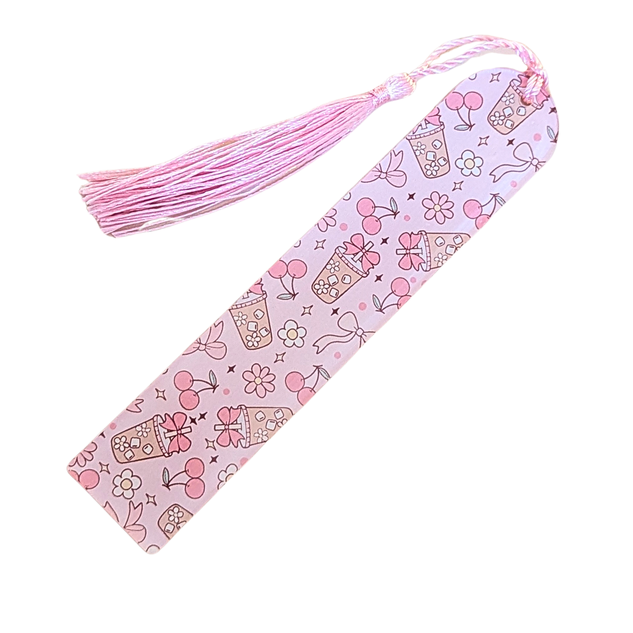 Cute pink boba tea themed tassel bookmark decorated with hearts, cherries, and flowers – adorable stationery gift for readers by Priority Play.