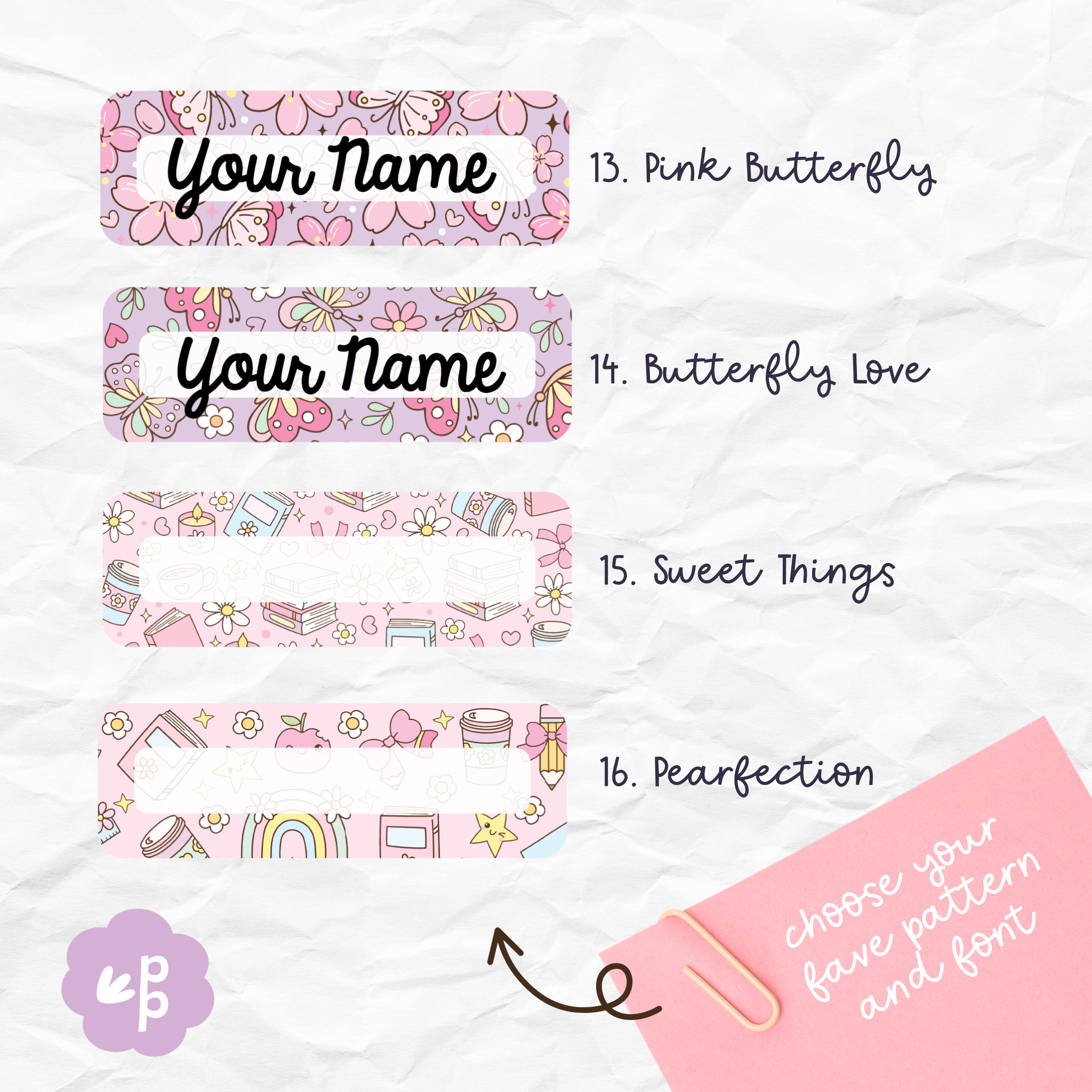 Cute pink and pastel custom name badges for teachers featuring Butterfly and Pearfection patterns, from Priority Play.