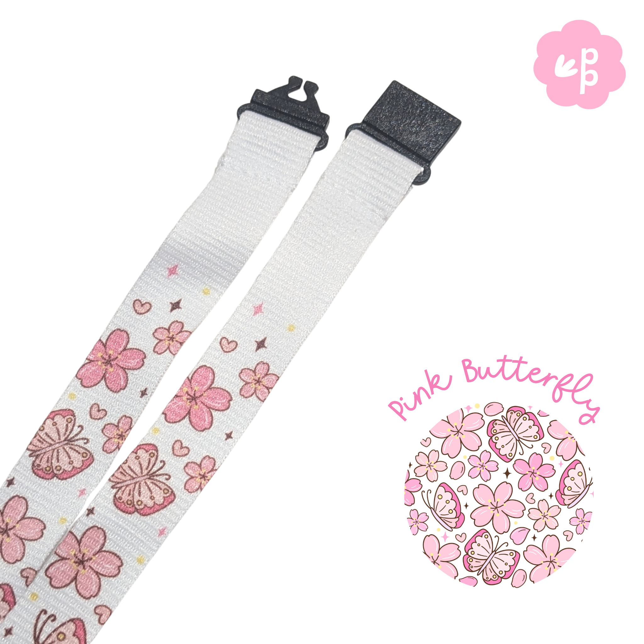 Floral-patterned teacher lanyard with pink butterflies on a white background, featuring the brand &