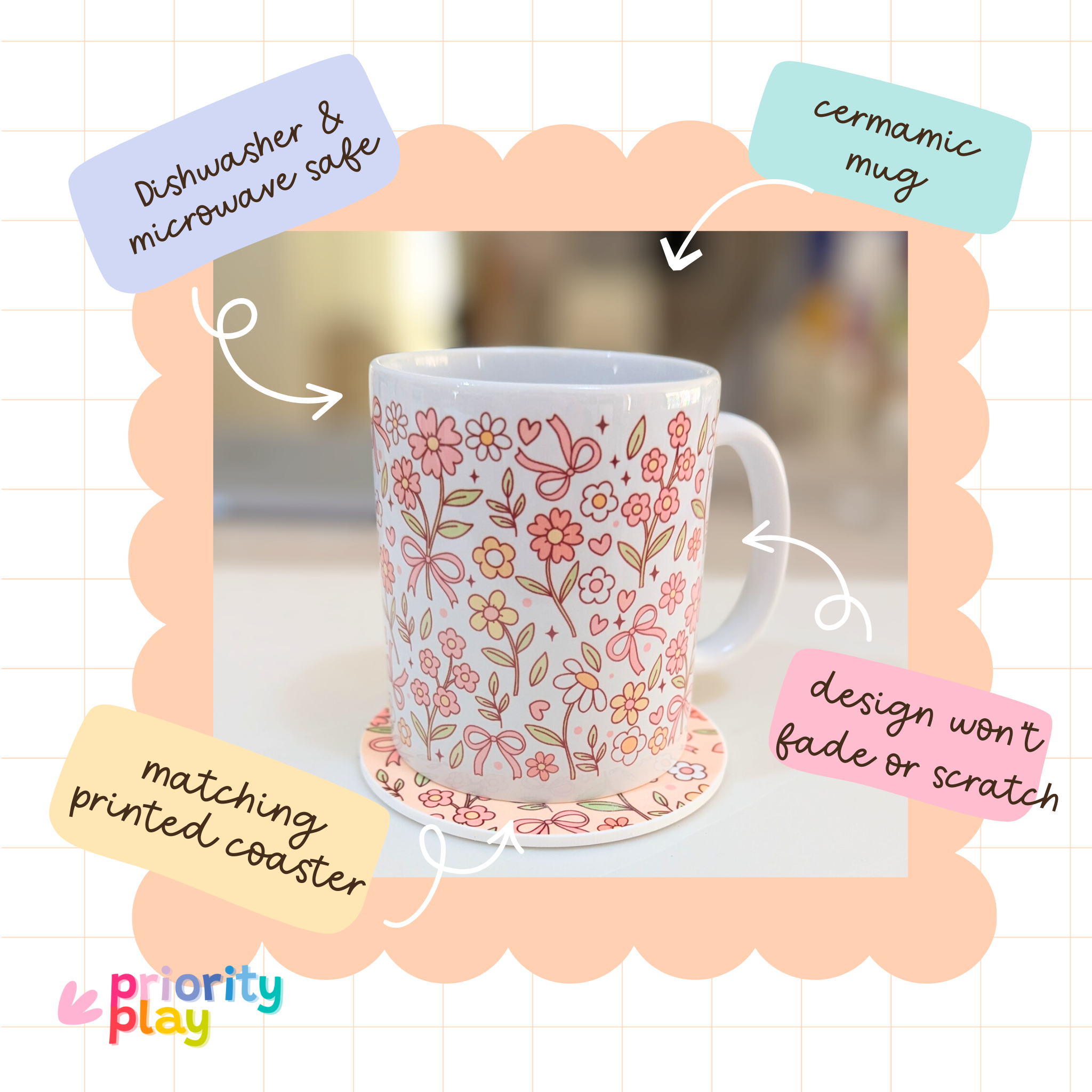 Flatlay of matching pink floral ceramic mug and printed coaster set from Priority Play.