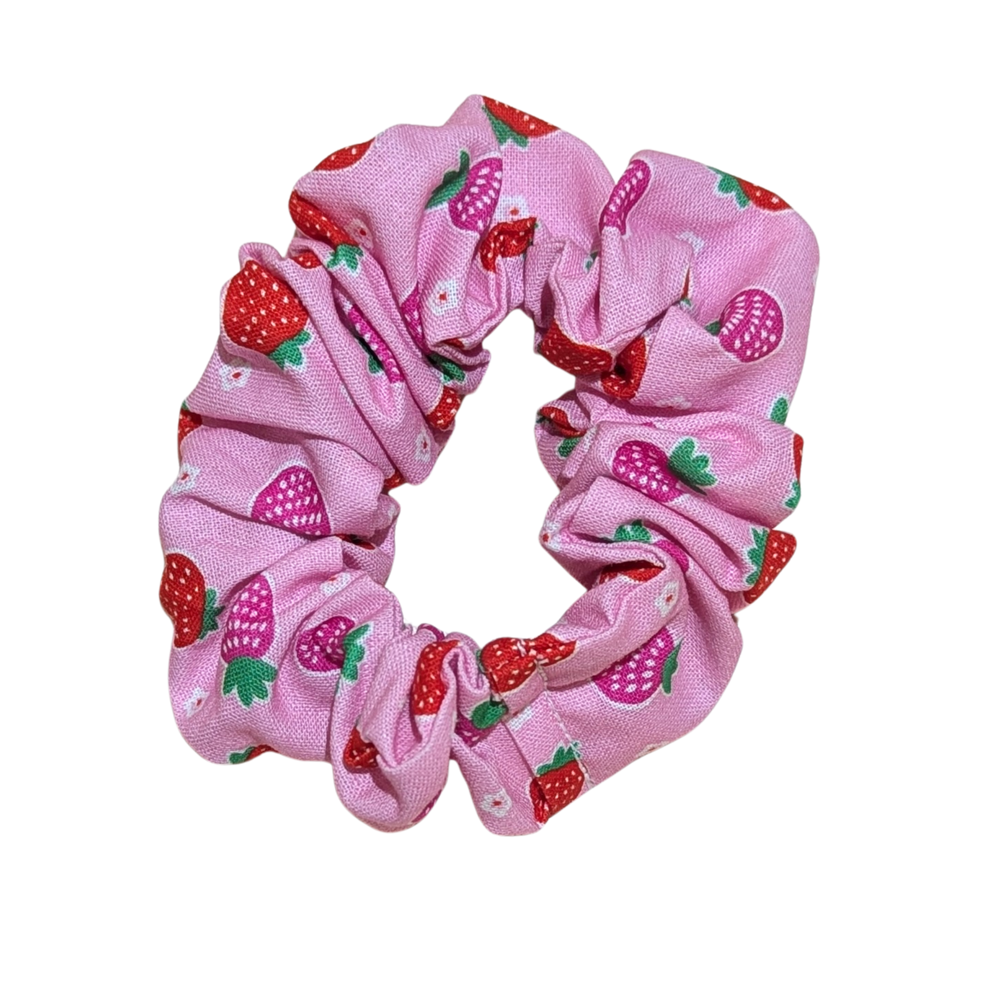 Handmade pink scrunchie with cute red strawberry print
