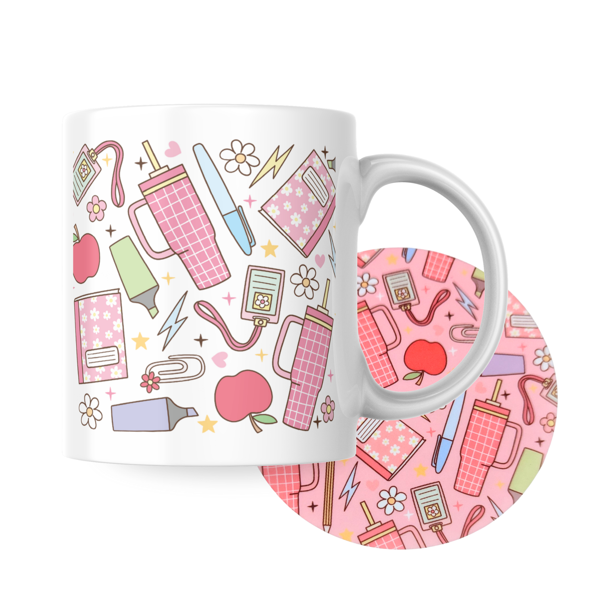 Teacher desk essentials mug and coaster set featuring pink tumblers, notebooks, and apples β a cute classroom design in pastel colours by Priority Play.