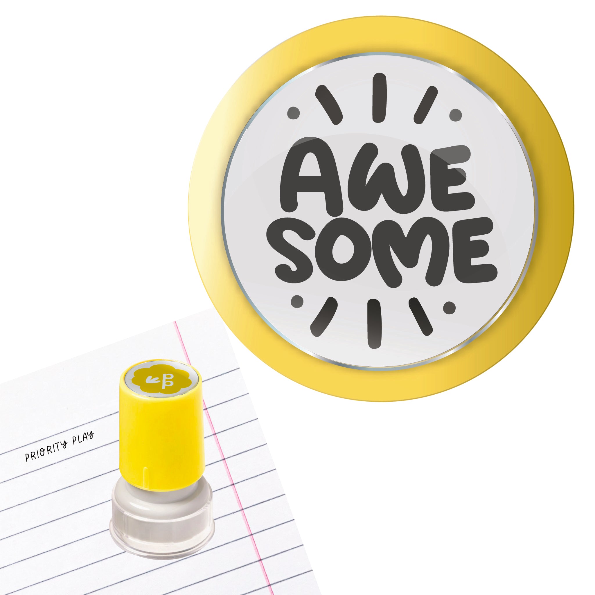 Priority Play “Awesome” teacher stamp with yellow border on school notebook paper.