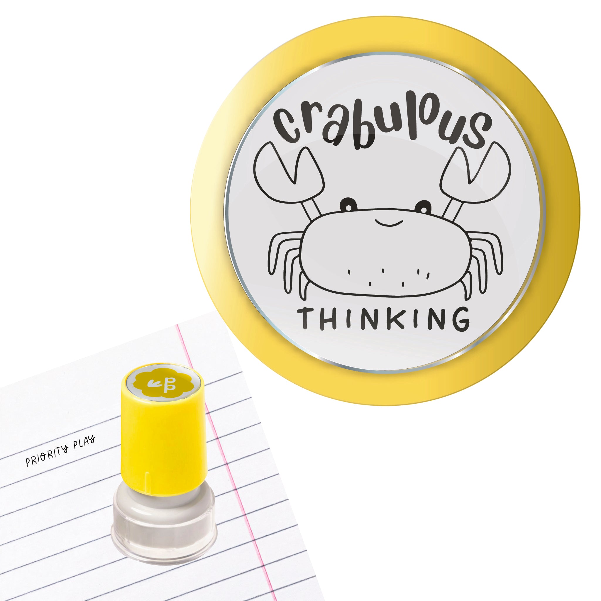 Crab-ulous Thinking teacher stamp with a happy crab illustration, perfect for praising clever ideas