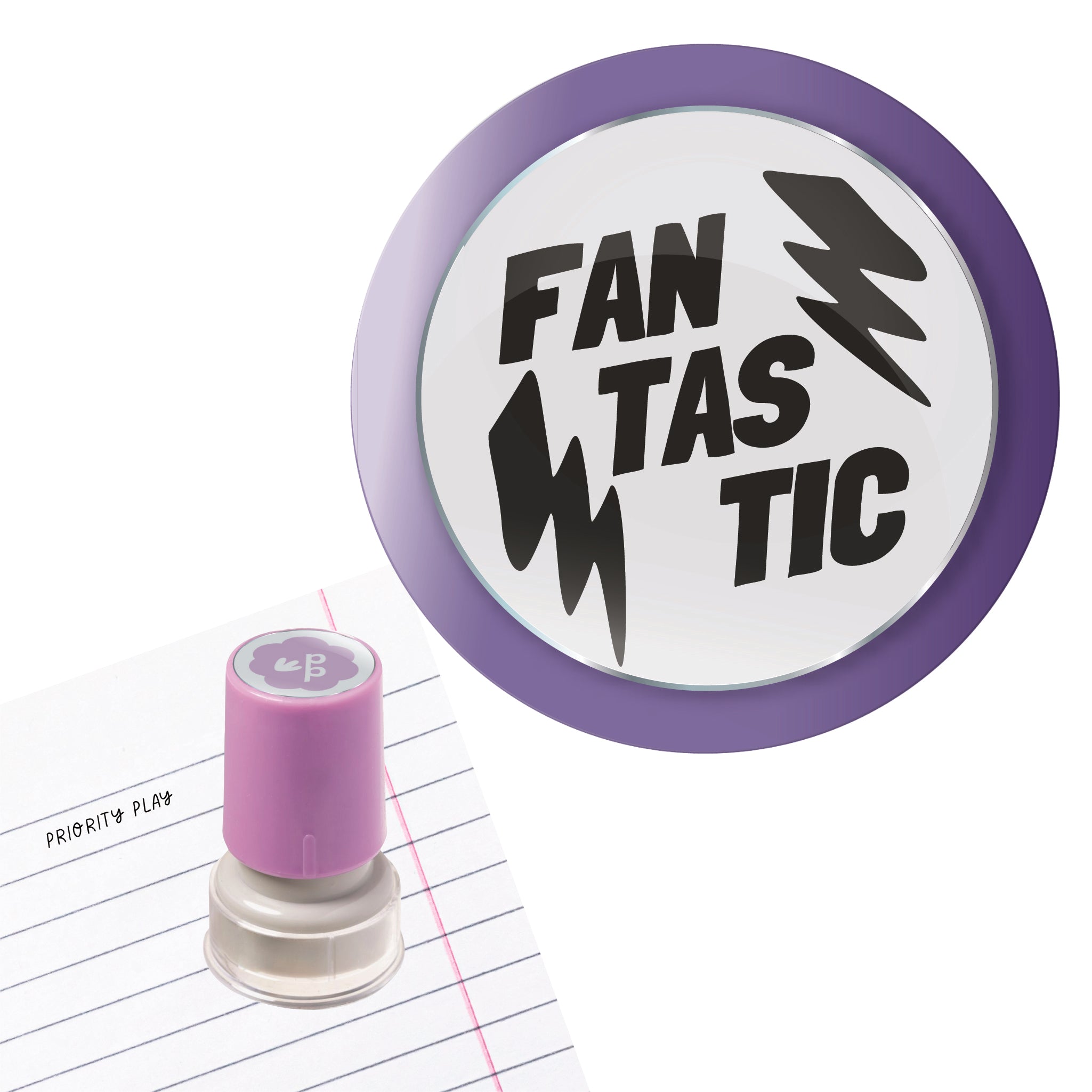 Priority Play “Fantastic” teacher stamp with purple border and lightning bolt icons.