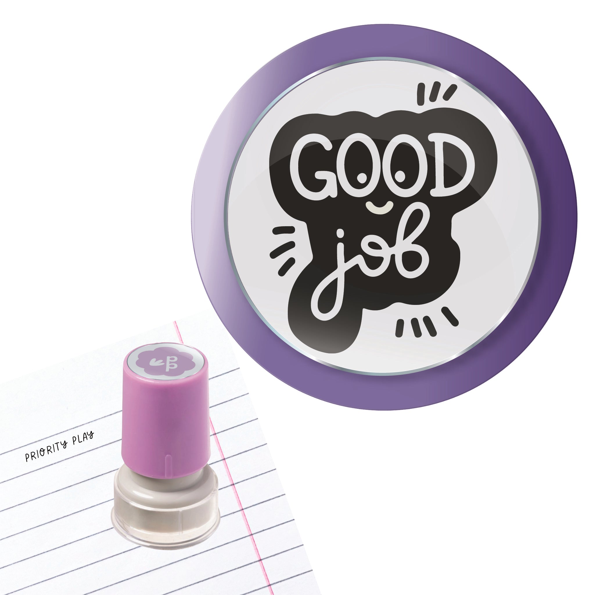 Priority Play “Good Job” teacher stamp featuring a friendly doodle shape and playful typography.