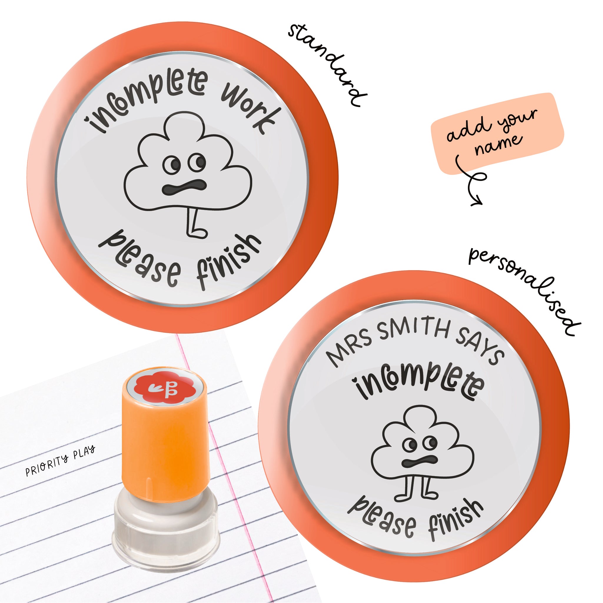 Teacher stamp featuring a worried cloud character with the message “Incomplete work, please finish.