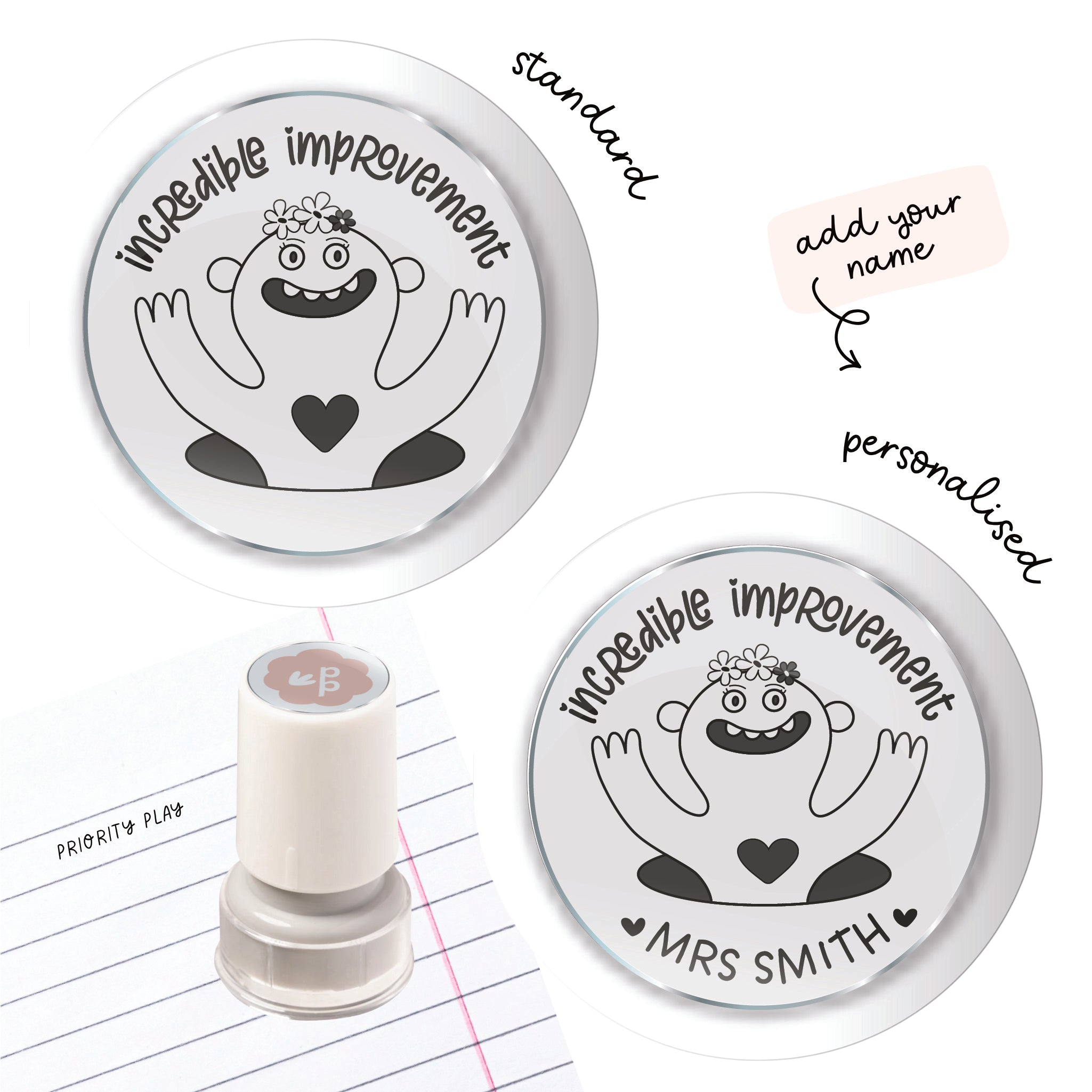 Incredible Improvement teacher stamp with a friendly monster character, available as standard and personalised from Priority Play