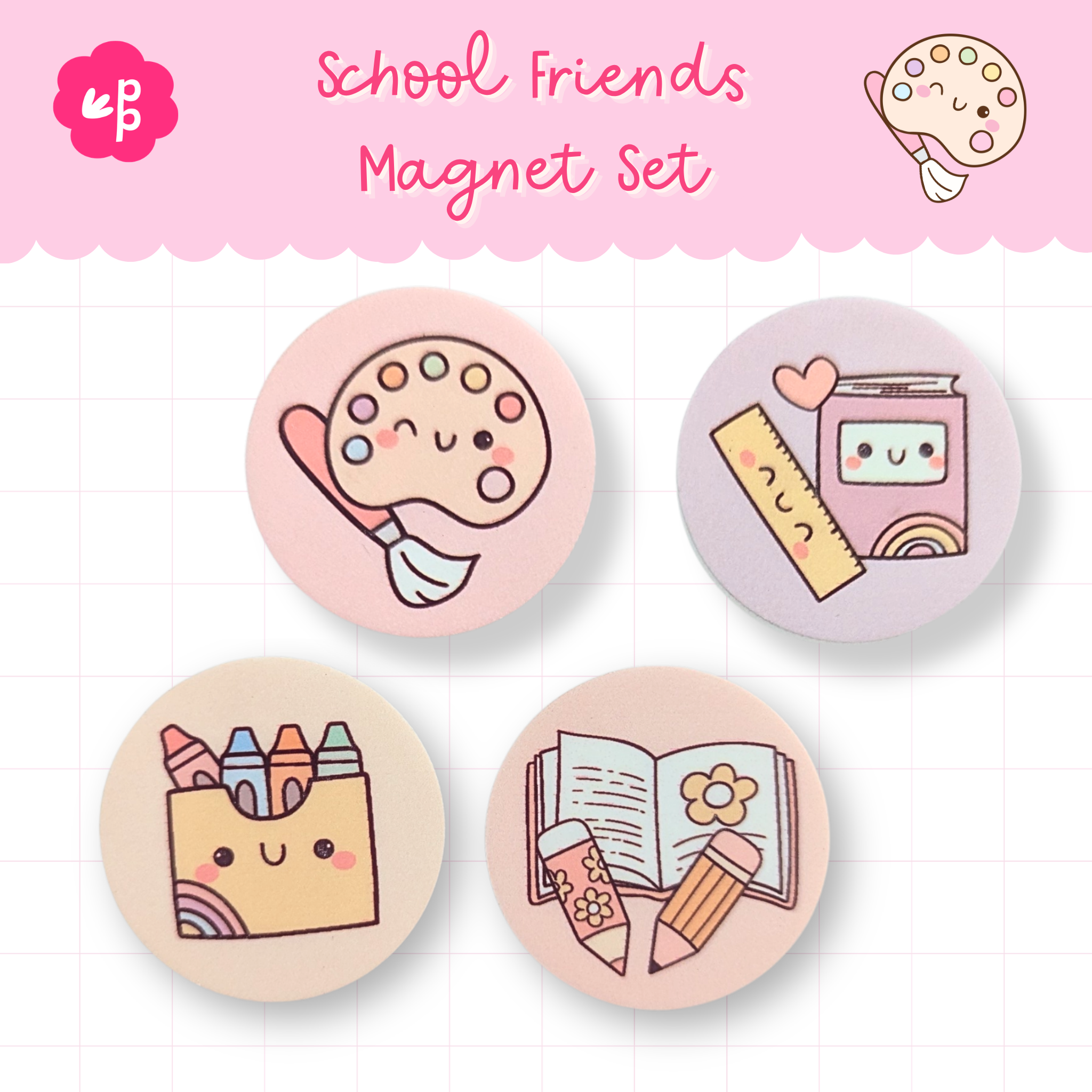 School Friends magnet set featuring paint palette, books, ruler and rainbow designs – classroom magnets for teachers and organisation.