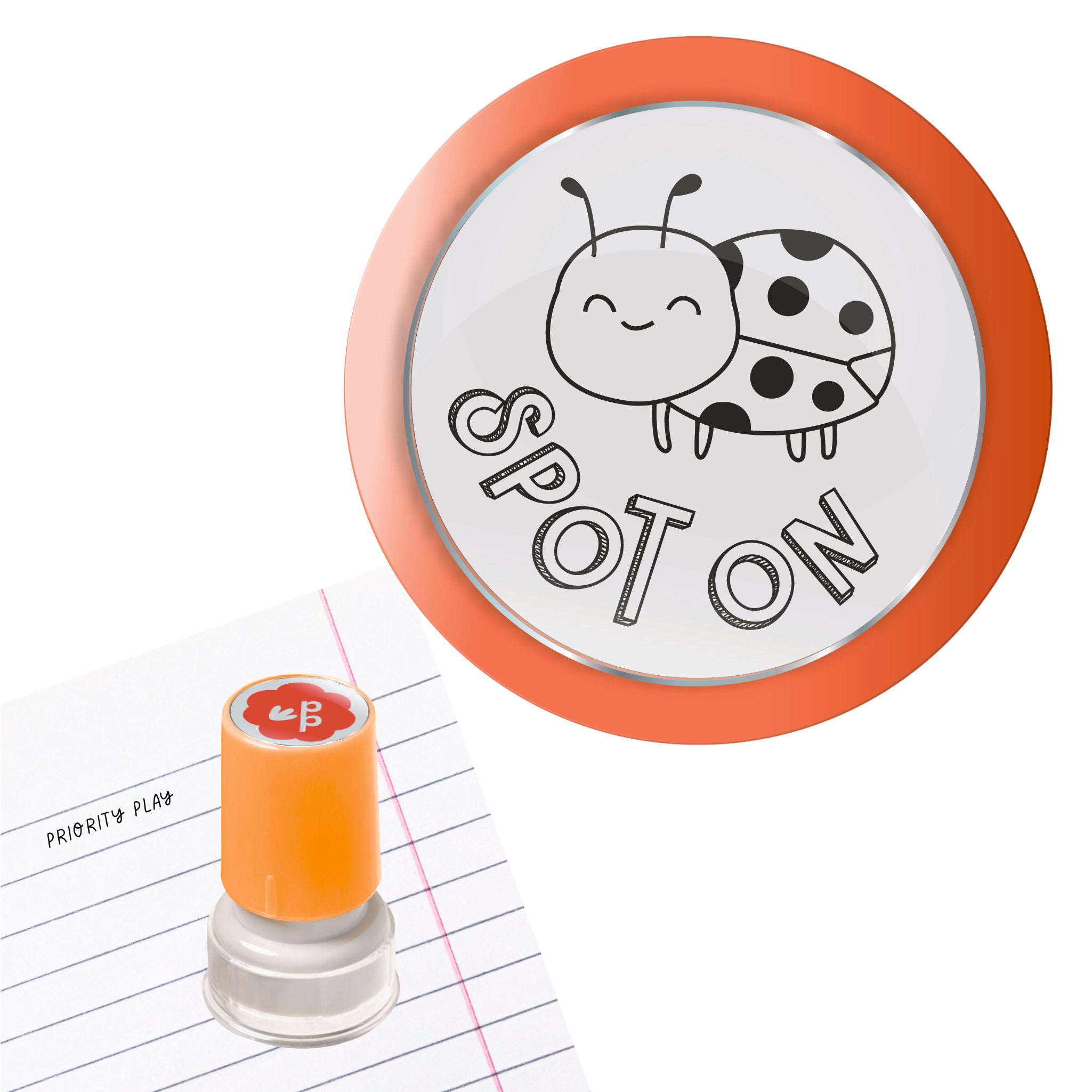 Priority Play ‘Spot On’ teacher stamp featuring a smiling ladybug