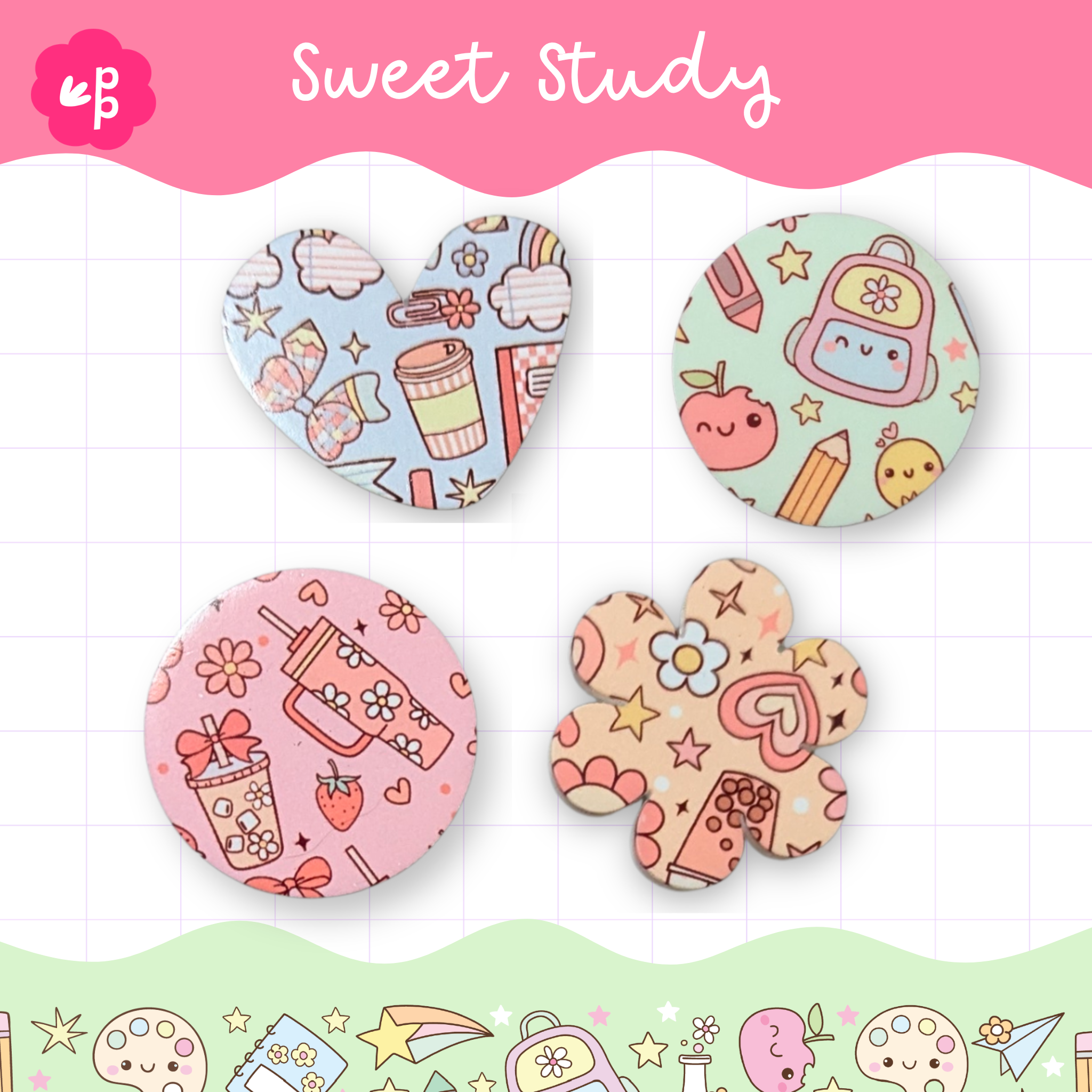 Sweet study patterned magnet set with school supplies, coffee, bows and cute designs ā 5 pack of classroom magnets for teachers, whiteboards and organisation.