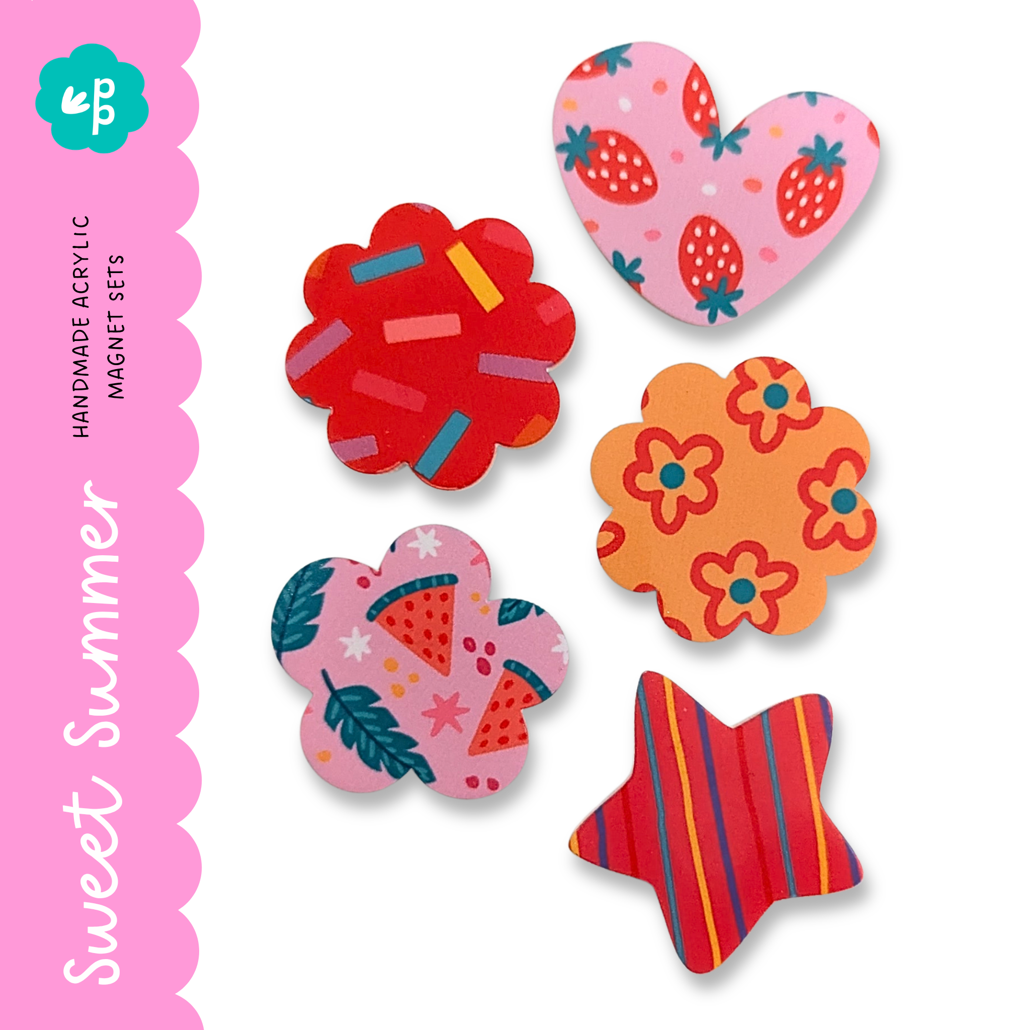 Sweet summer patterned magnet set with strawberries, florals and colourful designs – 5 pack of cute classroom magnets for whiteboards and decor.