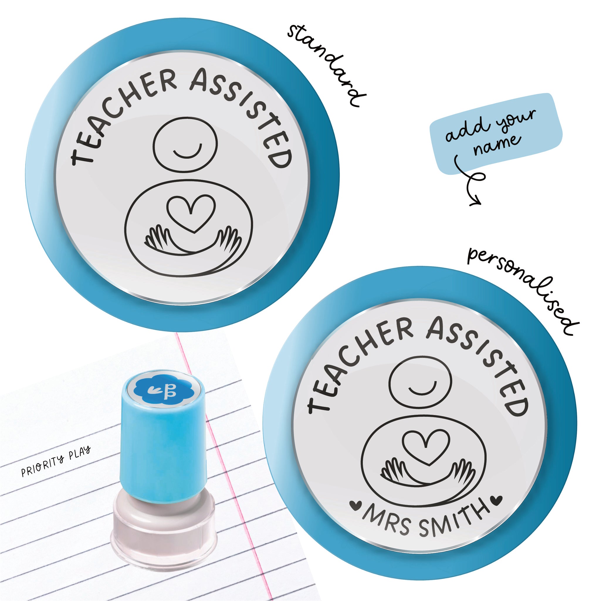 Teacher Assisted stamp with caring character holding a heart – Priority Play supportive feedback stamp.
