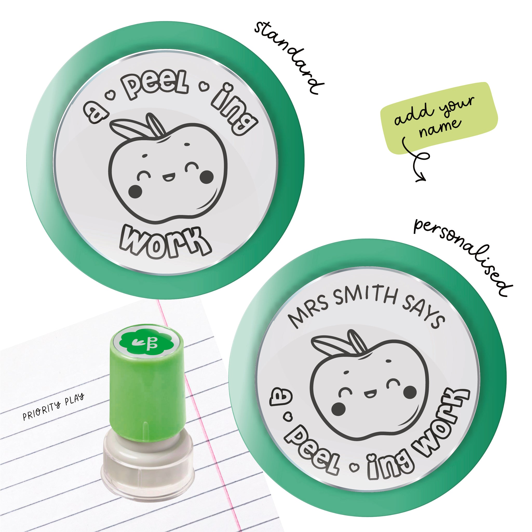 Teacher reward stamp featuring a smiling apple and the pun “A-peel-ing work.” Positive food pun stamp to celebrate student effort.
