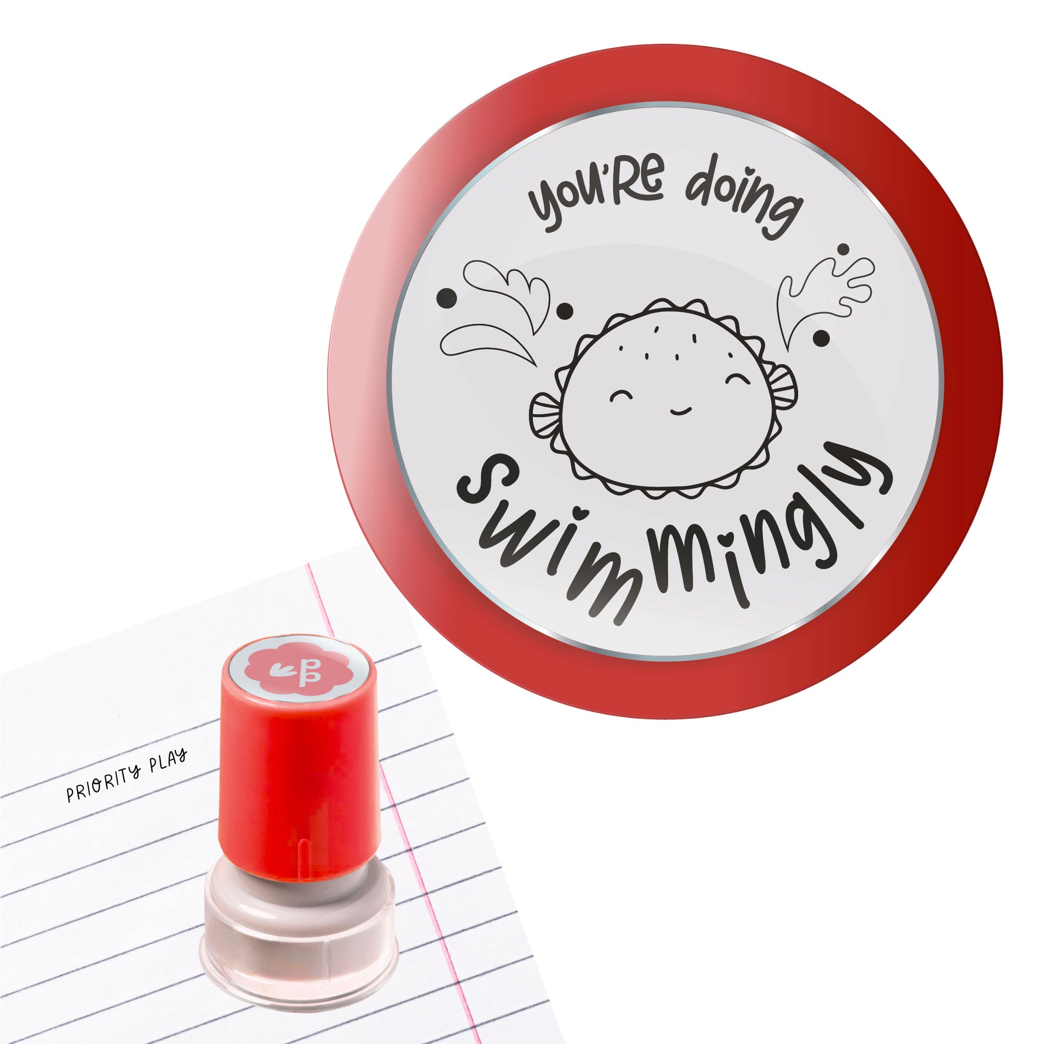 Priority Play ‘You’re Doing Swimmingly’ teacher stamp featuring a cute smiling fish with splash graphics