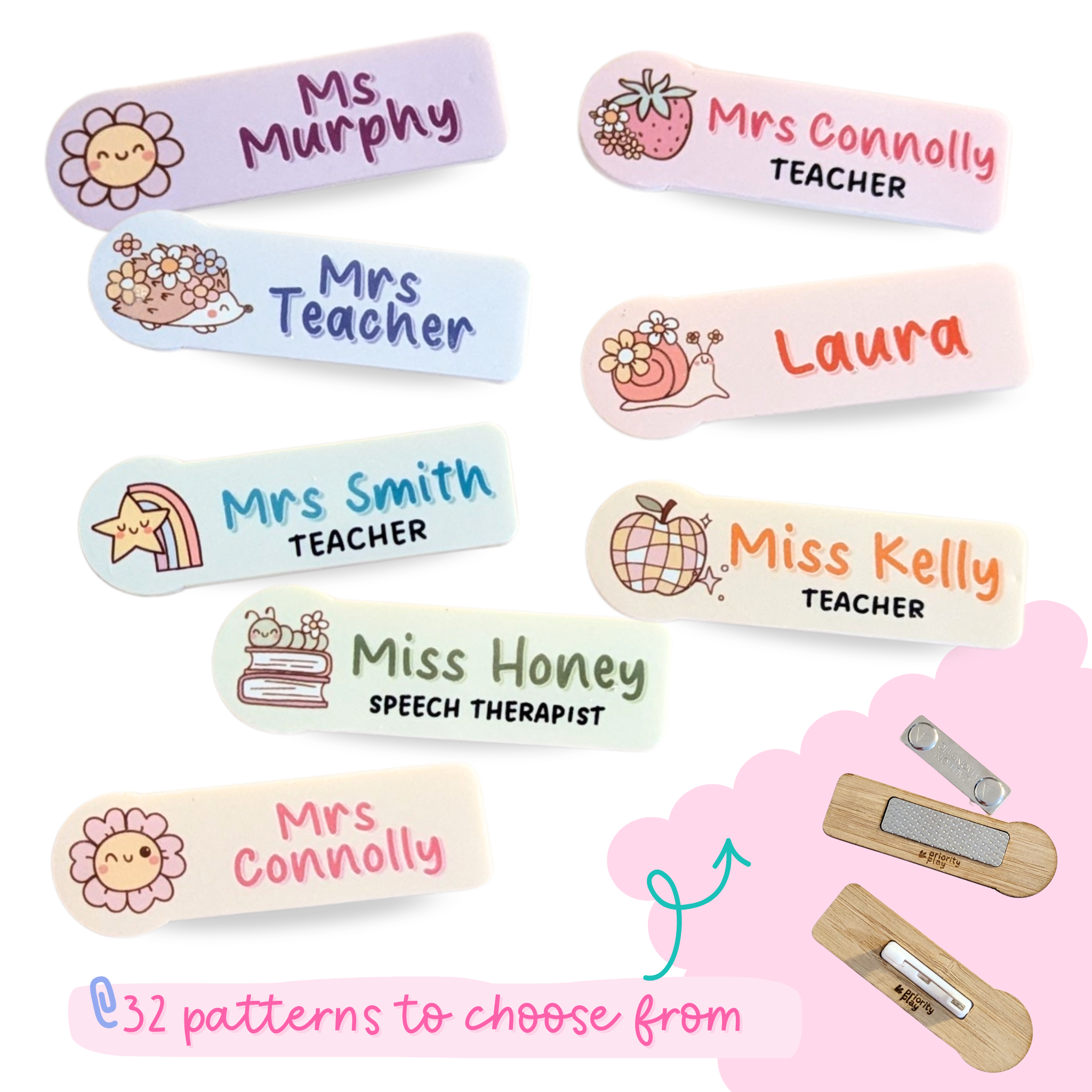 Handmade pastel magnetic teacher name badge with custom acrylic design – Priority Play