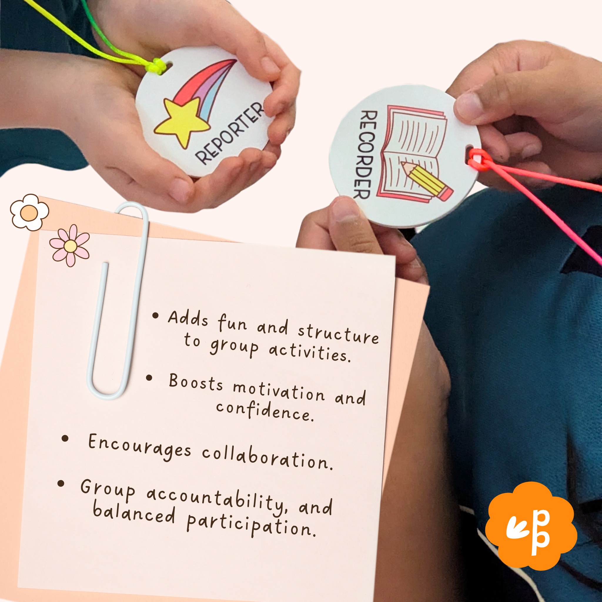 Children holding Reporter and Recorder classroom role tags during group activities, encouraging collaboration, motivation, and teamwork by Priority Play.