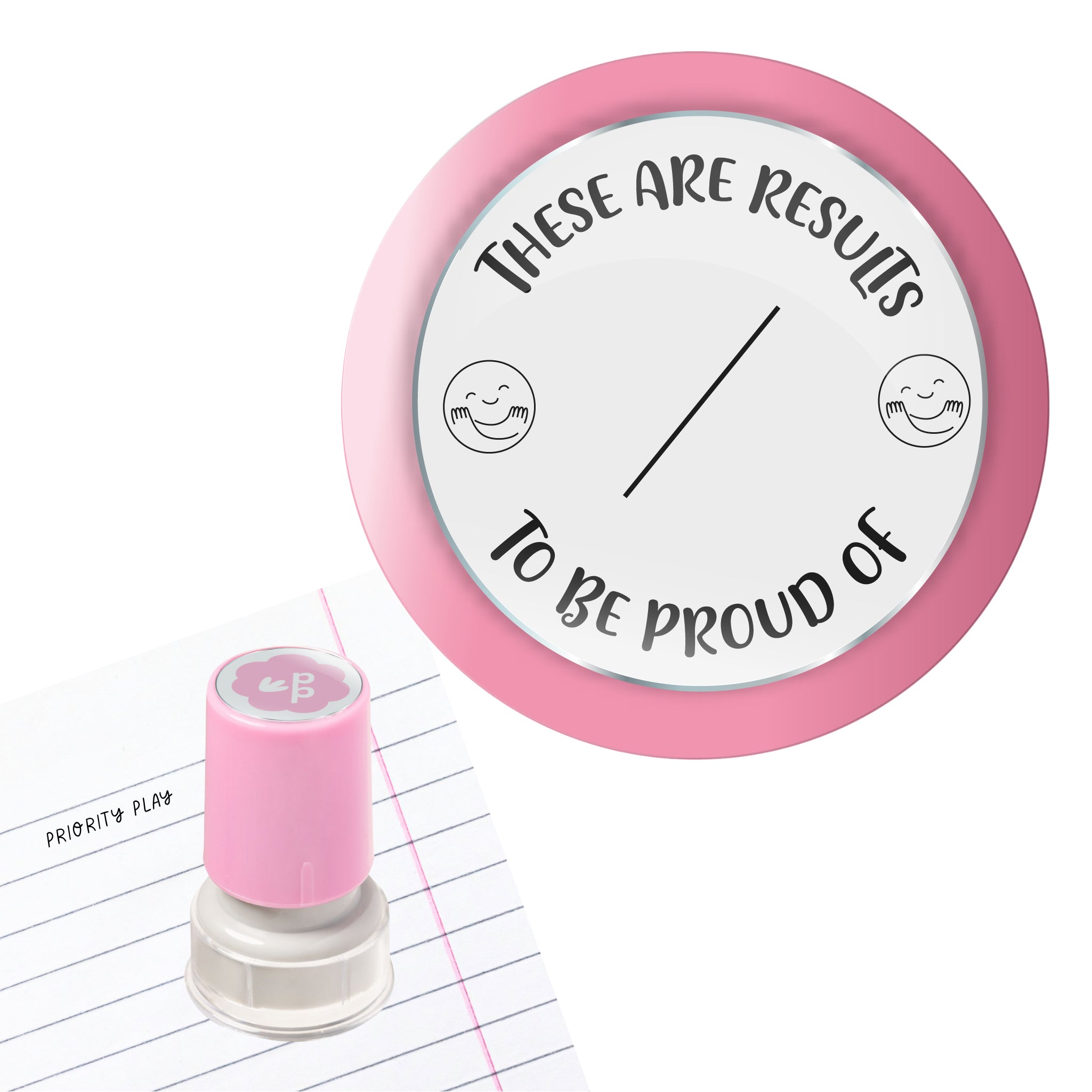 Positive round stamp saying “These are results to be proud of” with a central marking line and smiling emoji illustrations.