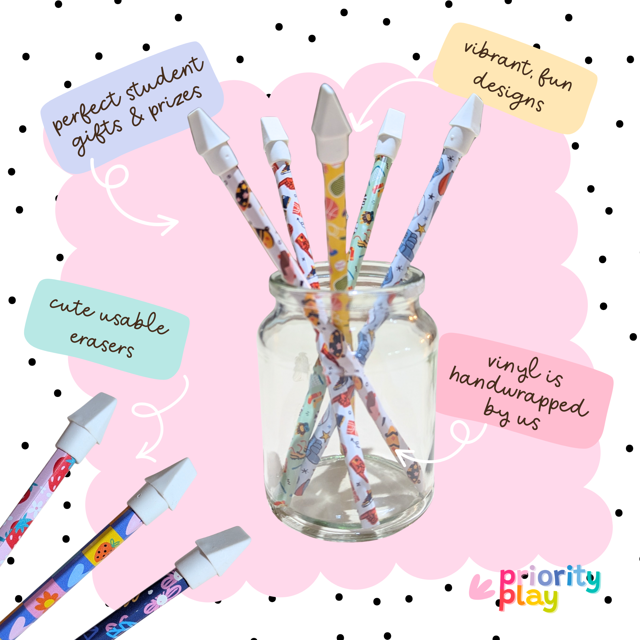 Handmade vinyl wrapped sports pencils in a jar with usable erasers and fun vibrant designs, ideal for student rewards.
