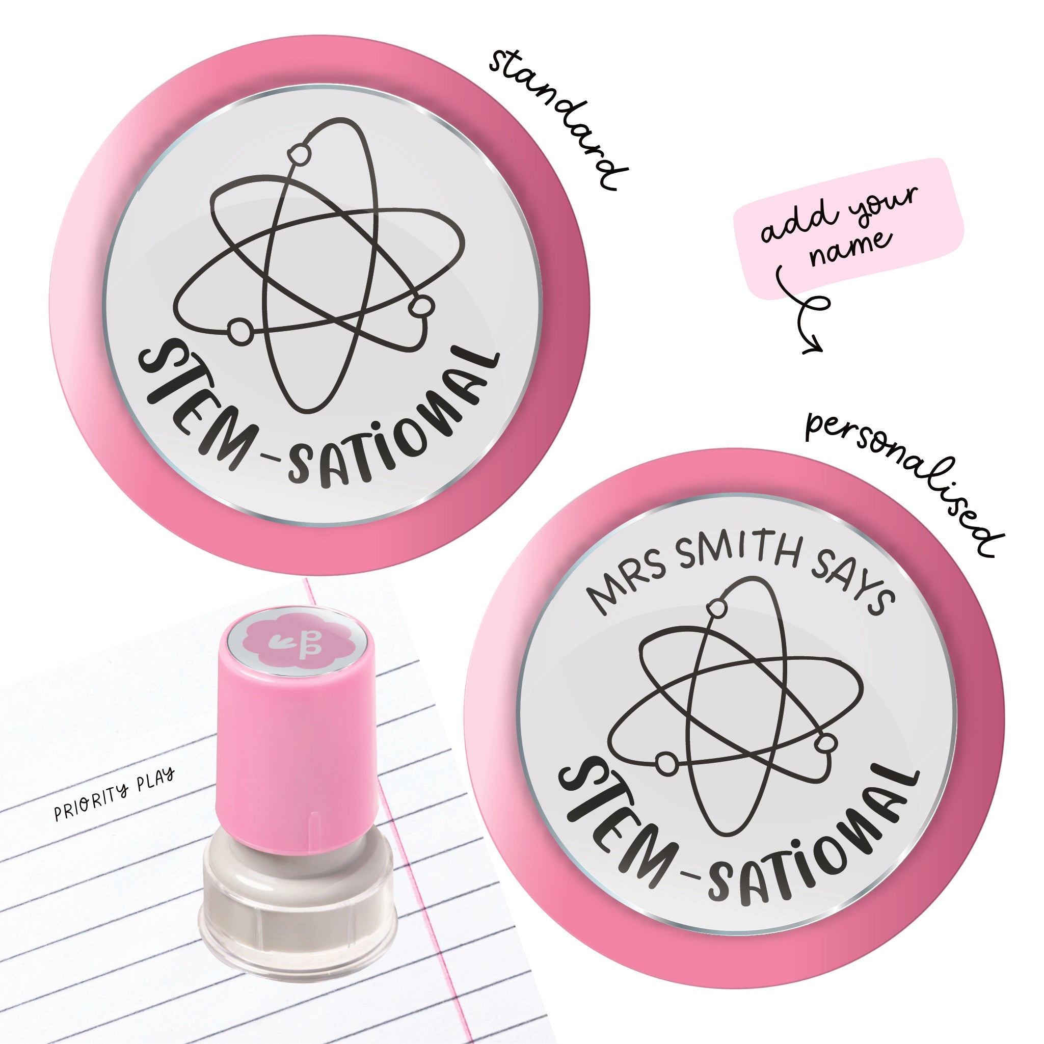 STEM-sational! teacher stamp with a smiling atom character giving positive feedback.