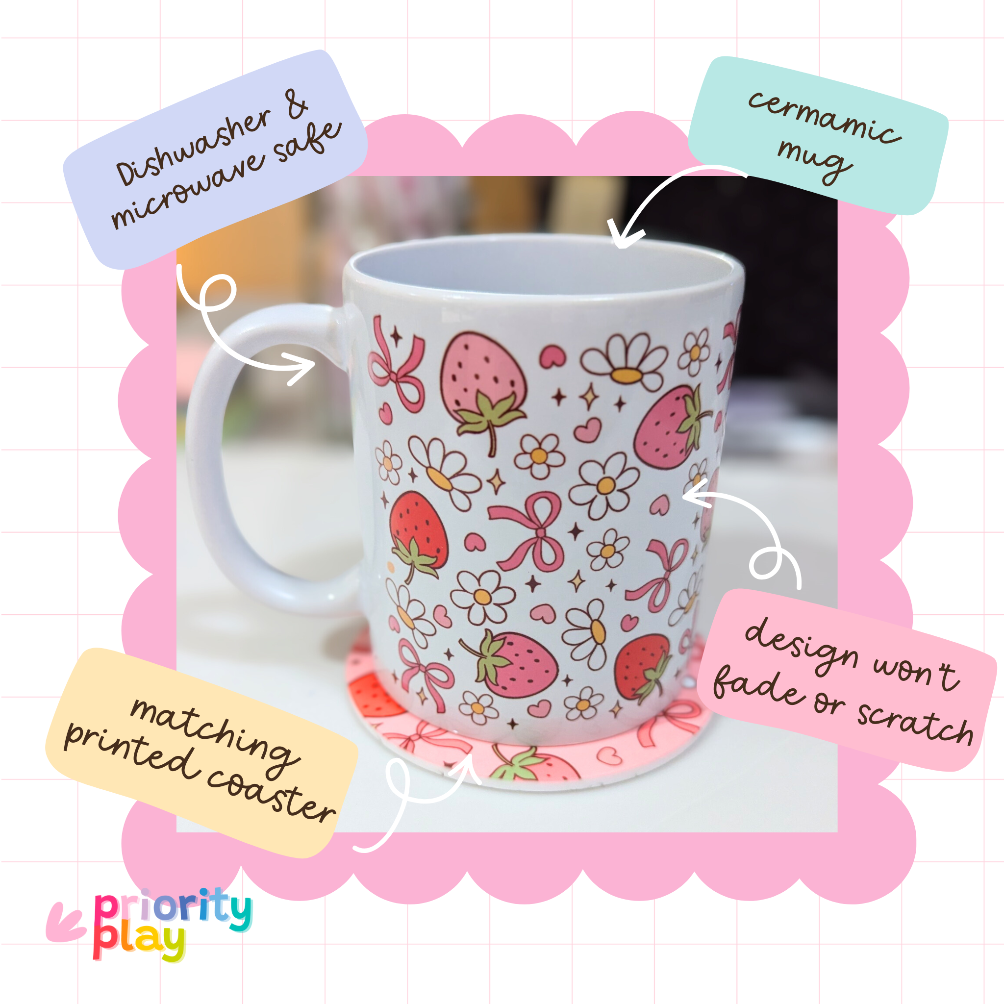 Flatlay of pink strawberry and daisy ceramic mug and printed coaster set by Priority Play.