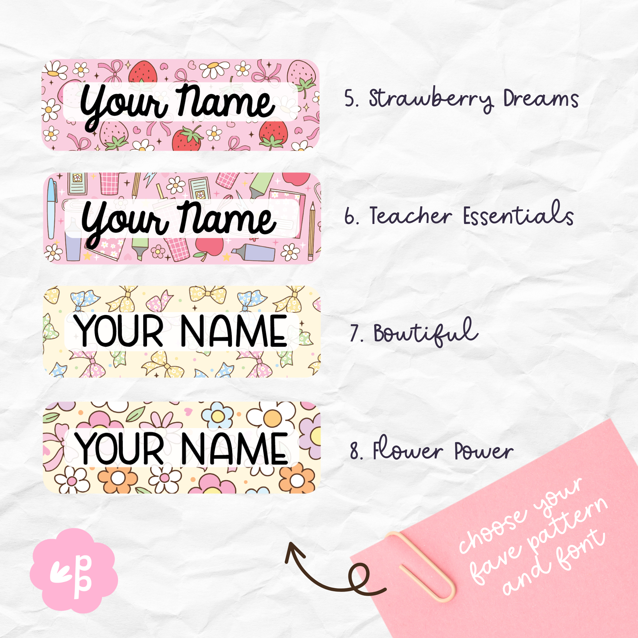 Custom educator name badges with Strawberry Dreams, Teacher Essentials, Bowtiful, and Flower Power patterns, made by Priority Play.