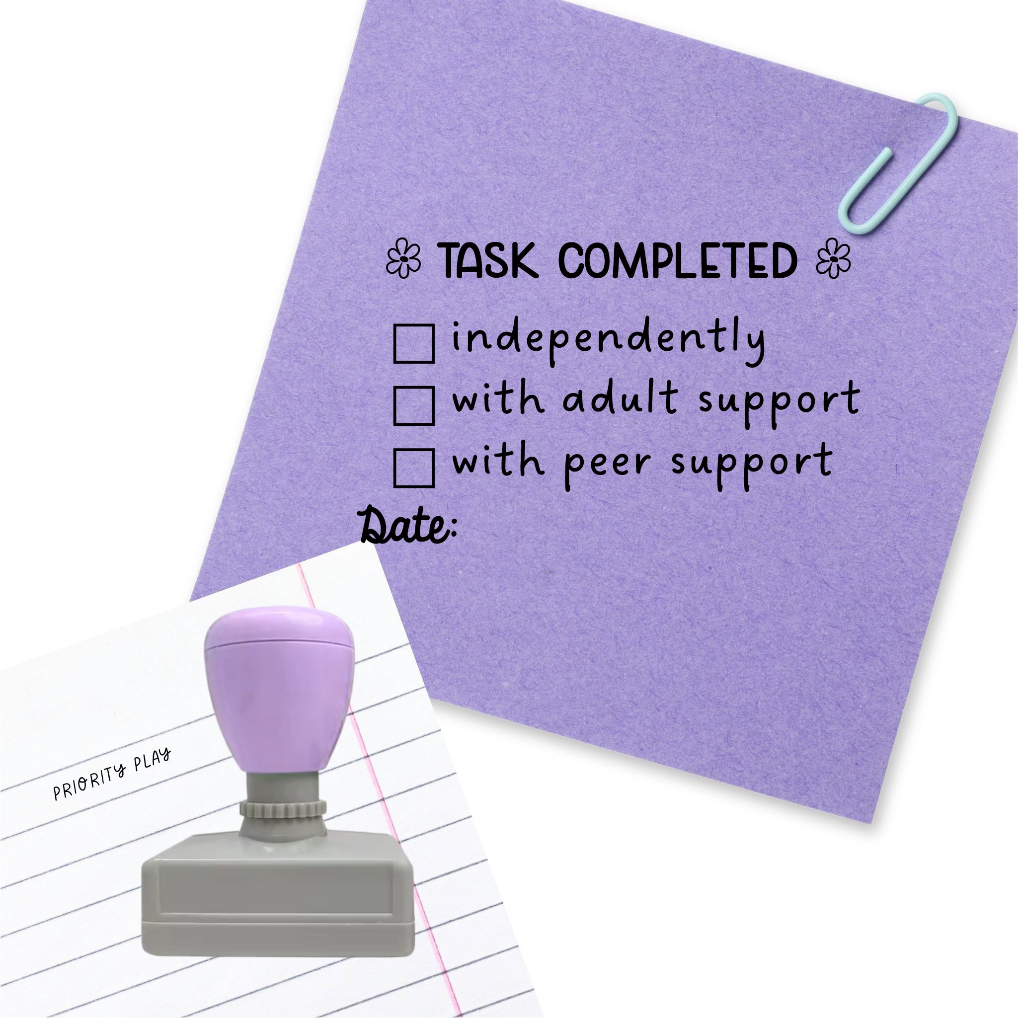 A rectangular stamp titled “Task Completed” with tick boxes for small group, class or individually, plus date section and floral accents.