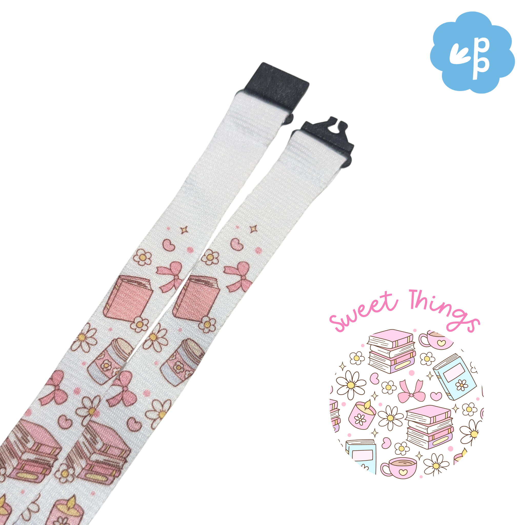 teacher lanyard with book and coffee themed pattern and black breakaway clasp.