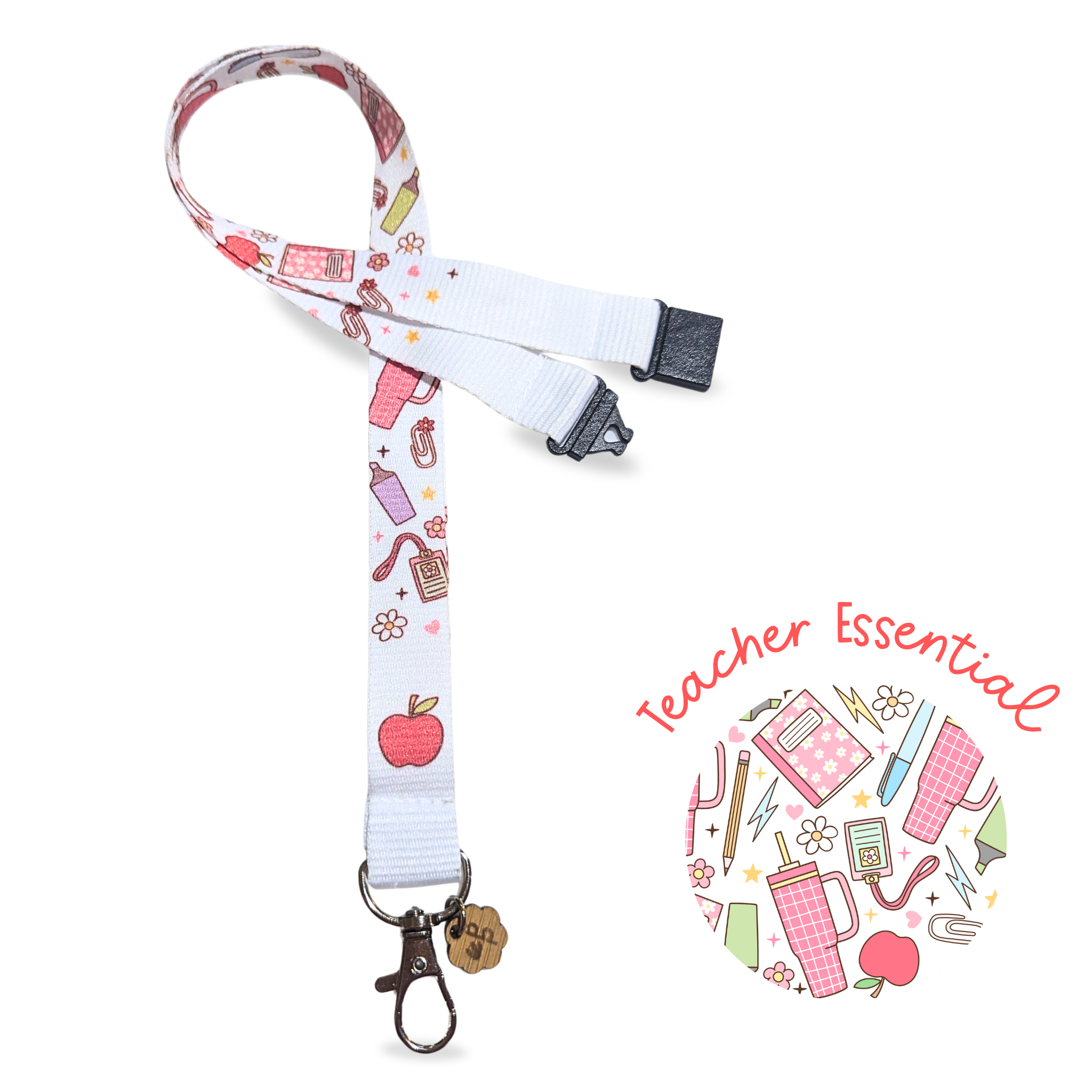 teacher lanyard with colourful stationery pattern
