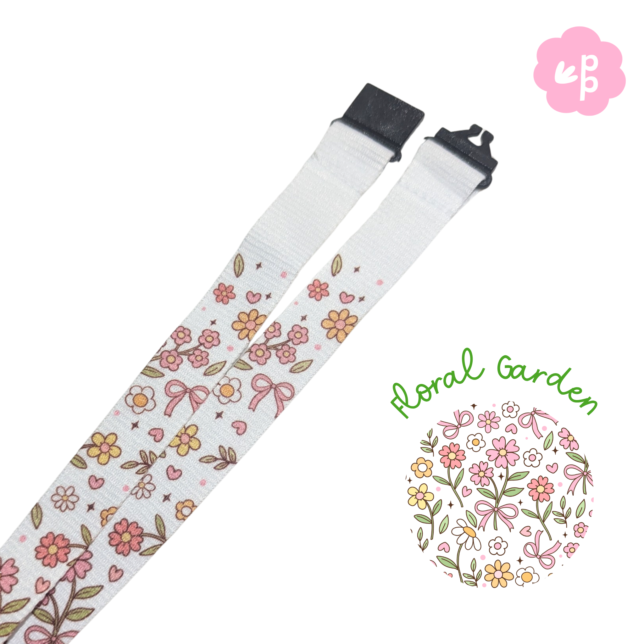 Floral patterned teacher lanyard with a black breakaway clasp on a white background