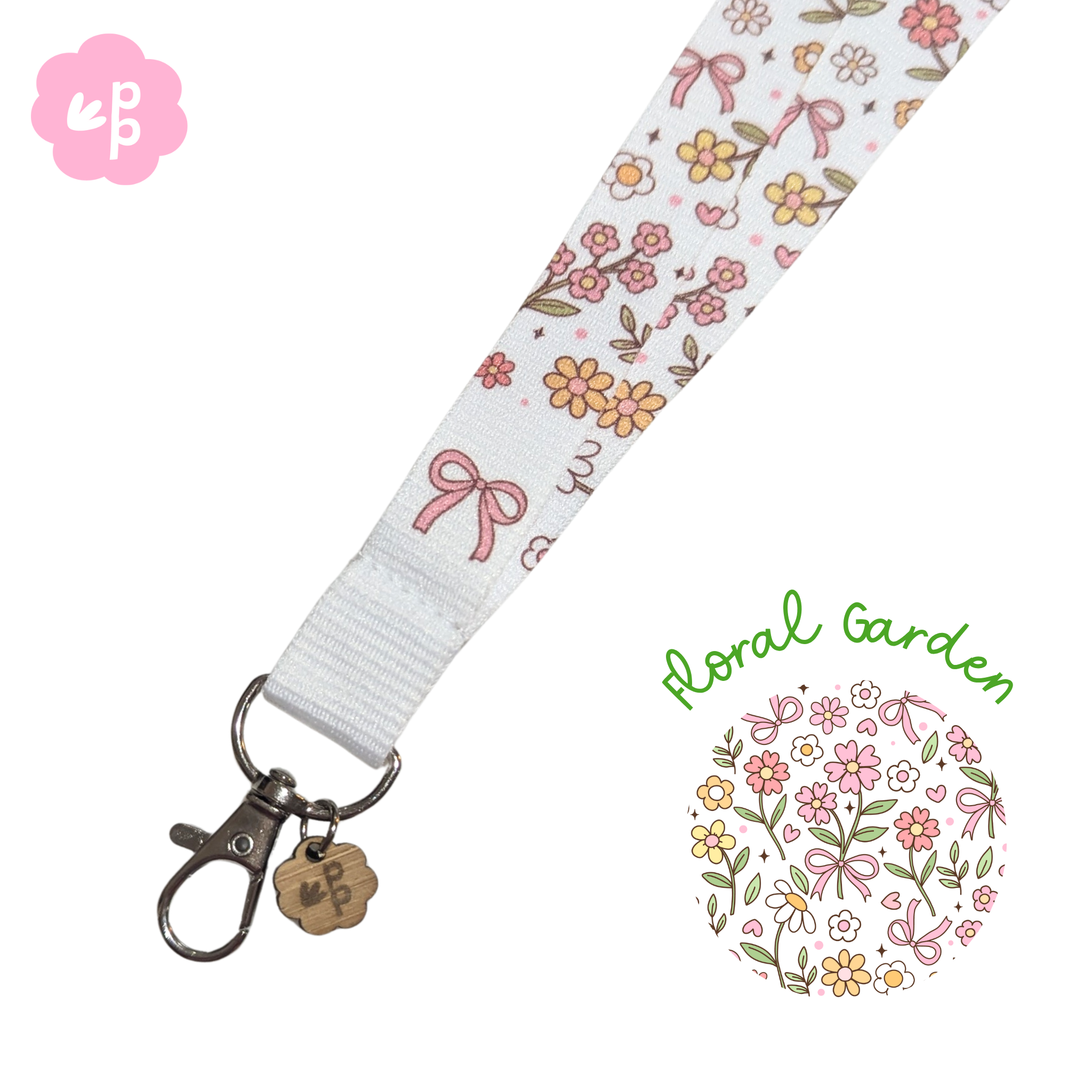 Floral garden-themed lanyard with flowers and bows on a white background with silver clasp