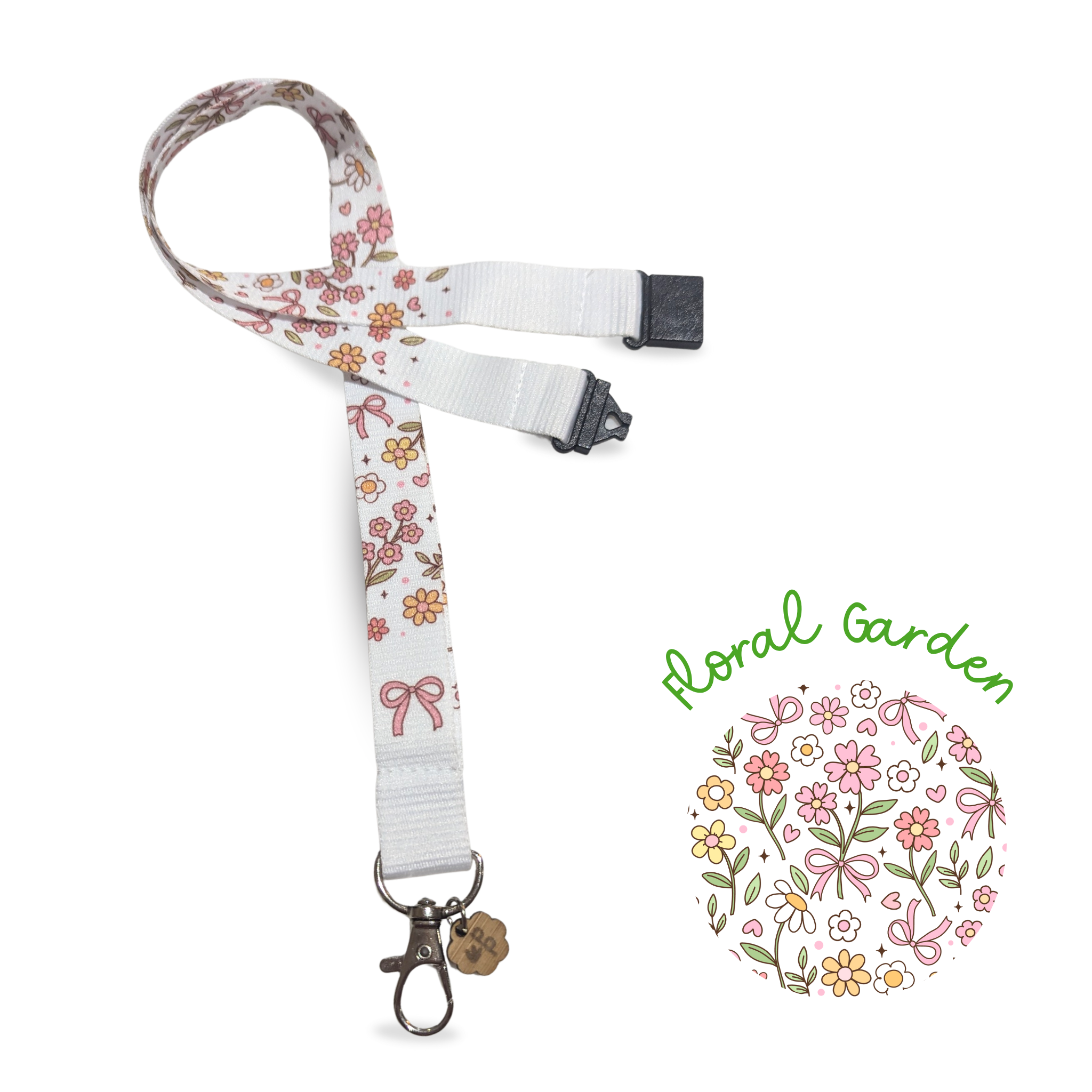 Floral patterned teacher lanyard with a charm on a white background