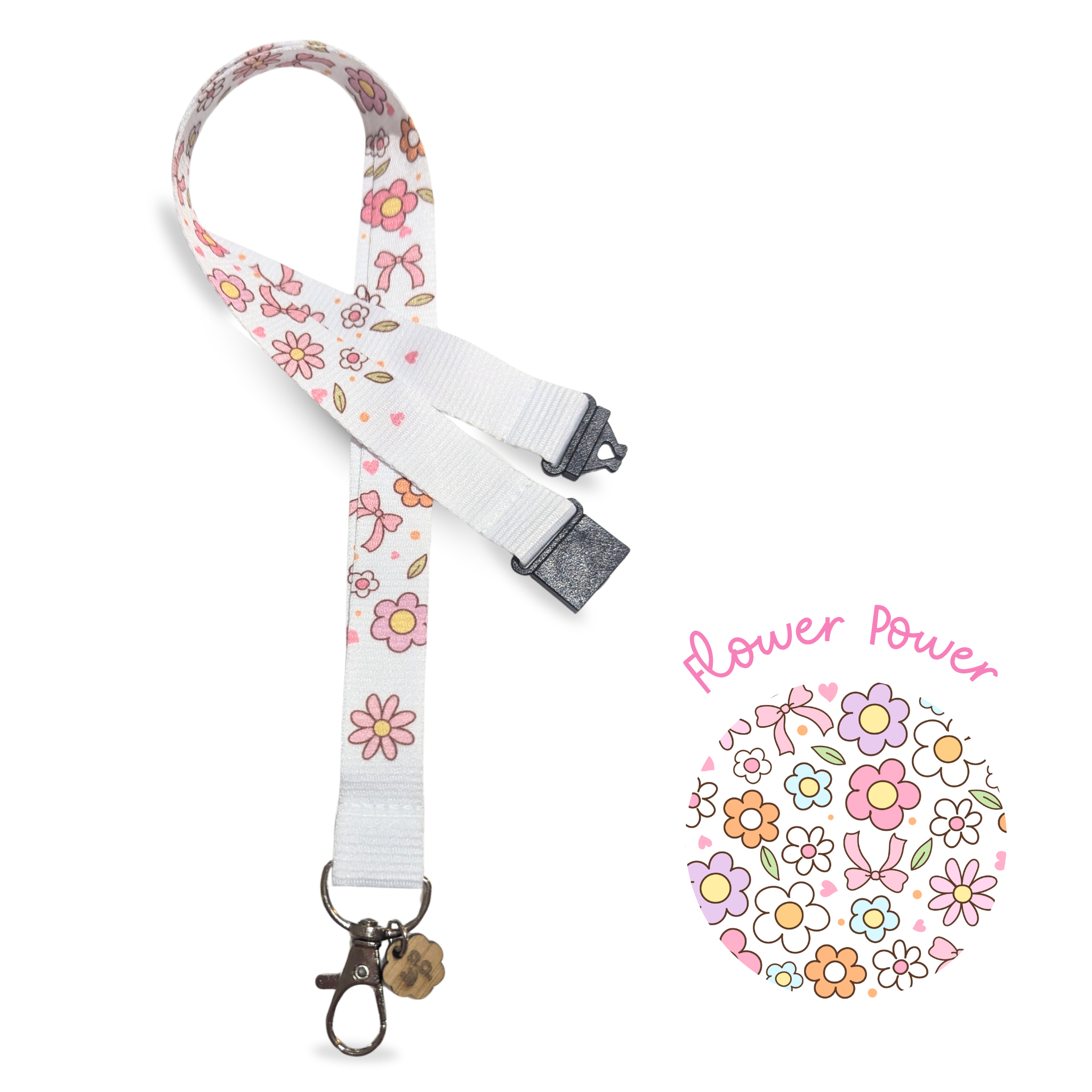 teacher lanyard with floral and bow pattern on a white background