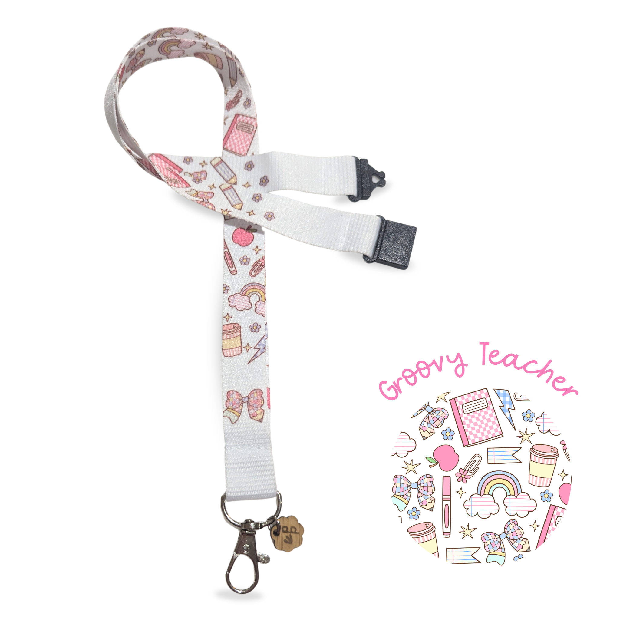 teacher lanyard with colourful teacher stationery and a white background