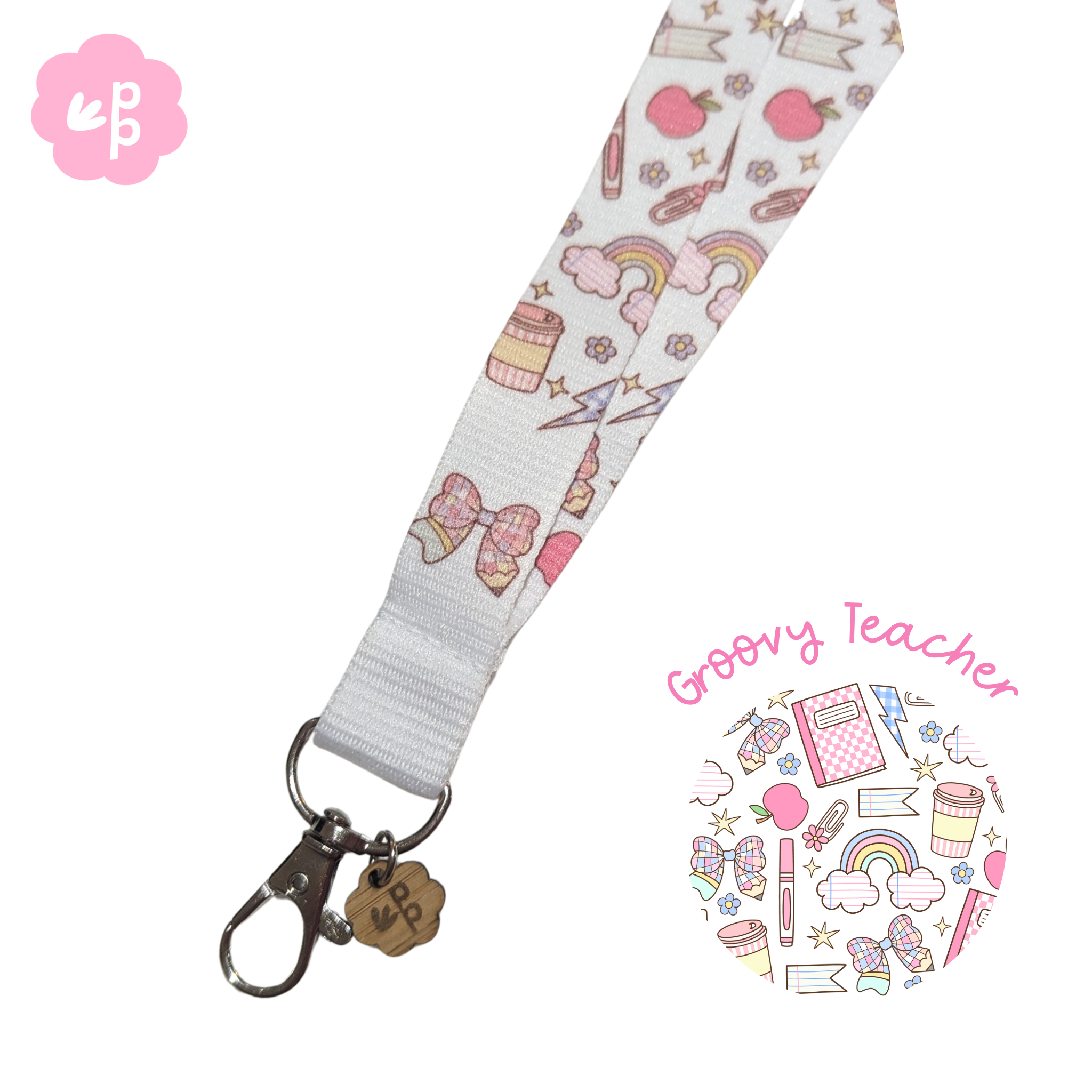 teacher lanyard with a colourful stationery pattern and a silver clasp