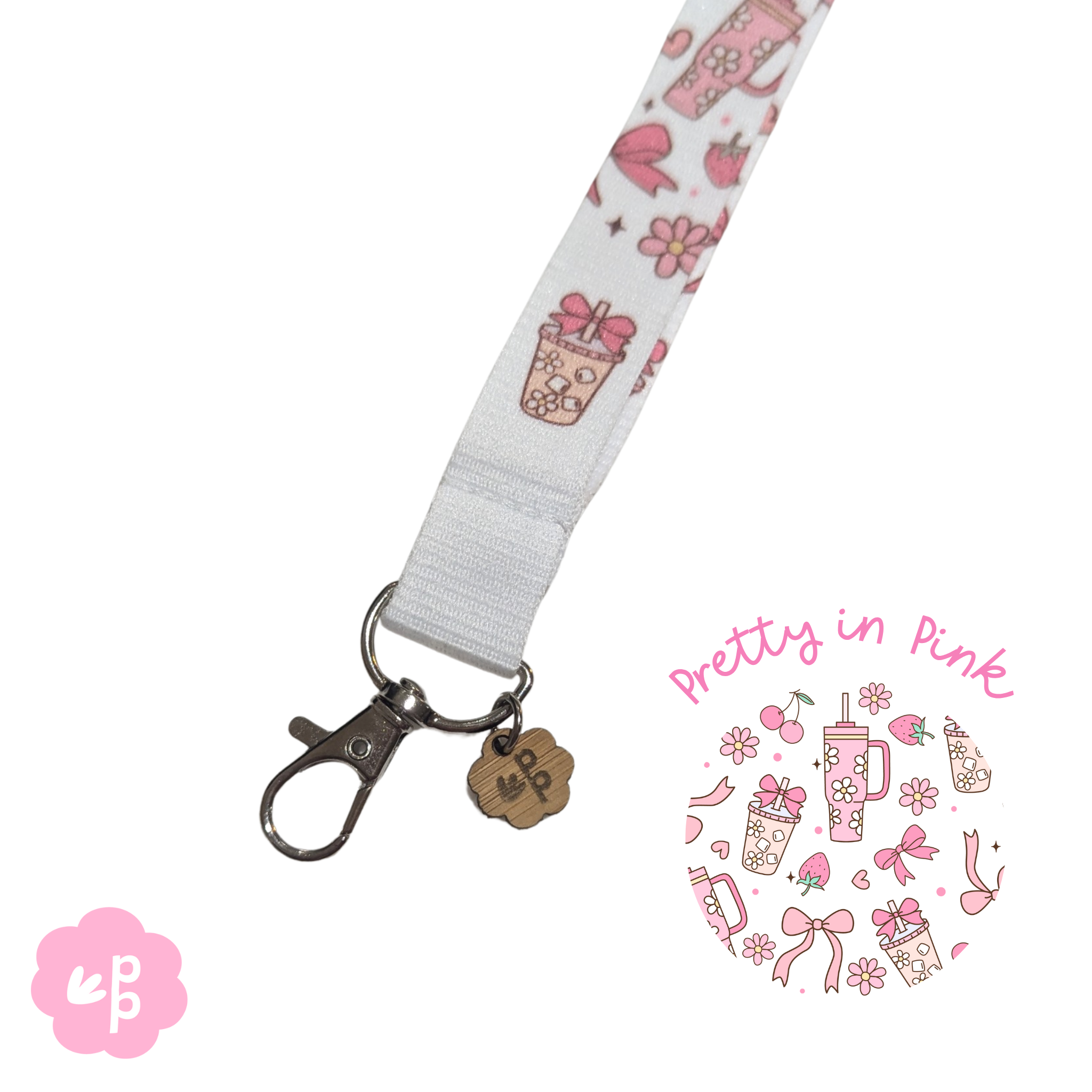 teacher Lanyard with pink floral and cup design on a white background with silver clasp