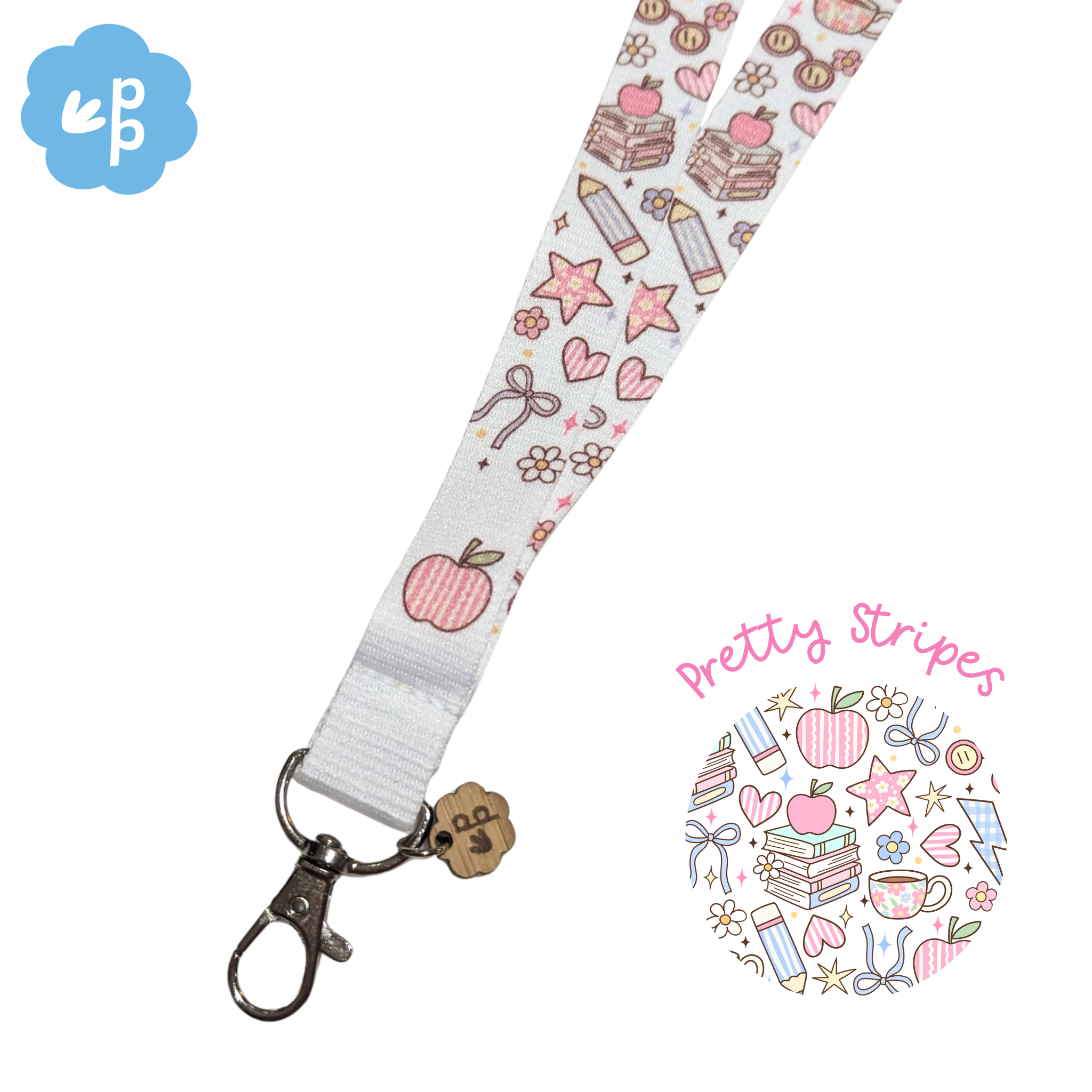 teacher Lanyard with colorful patterns on a white background with silver clasp