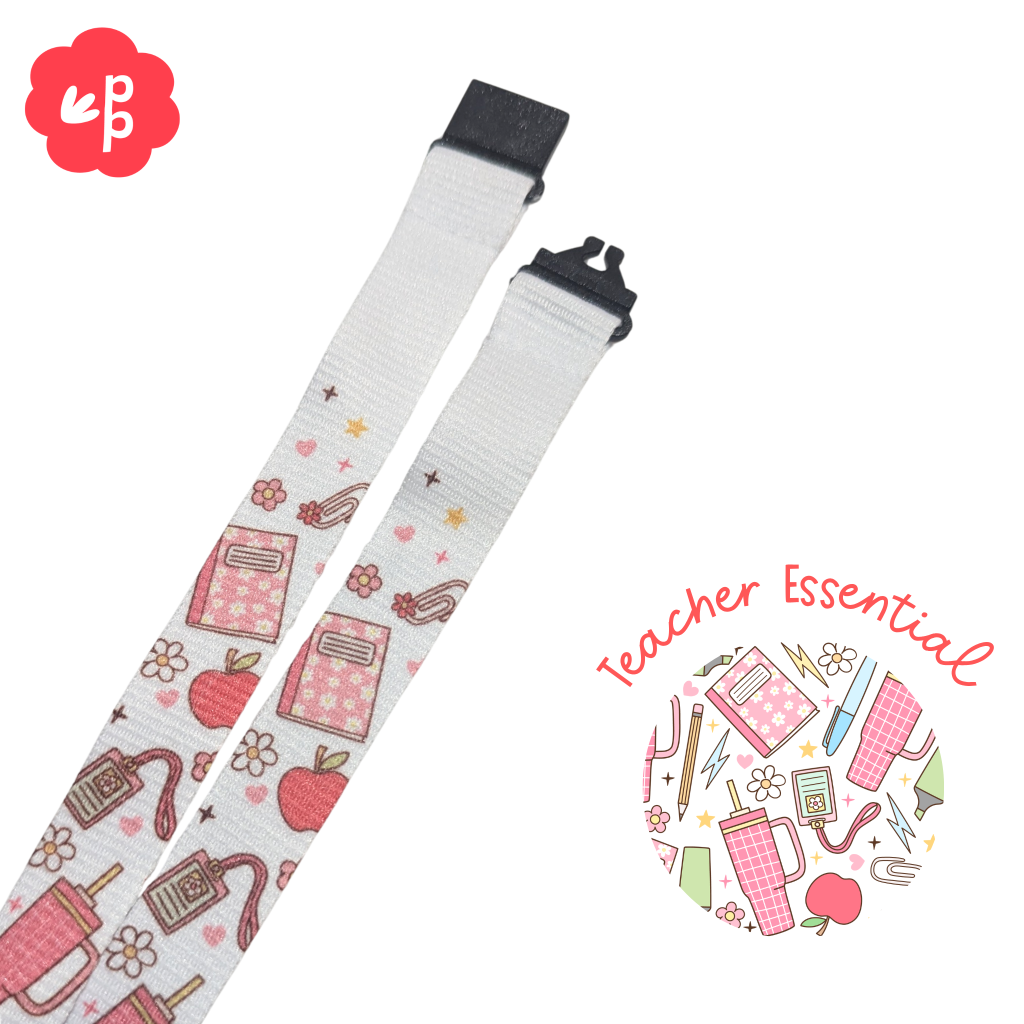 teacher lanyard with teacher-themed design of stationery items and a black breakaway clasp