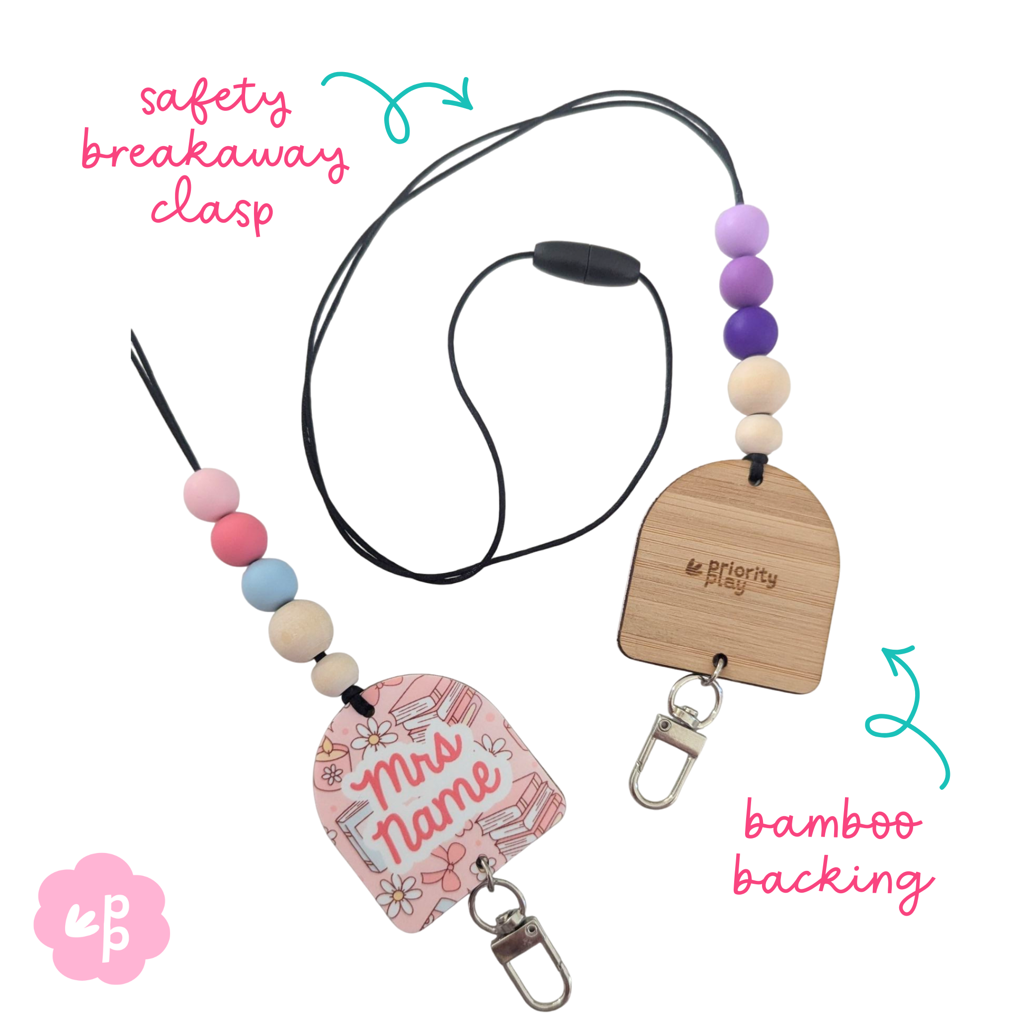 Personalised arch-shaped teacher lanyards with bamboo backing, safety breakaway clasp, and pastel silicone beads from Priority Play.