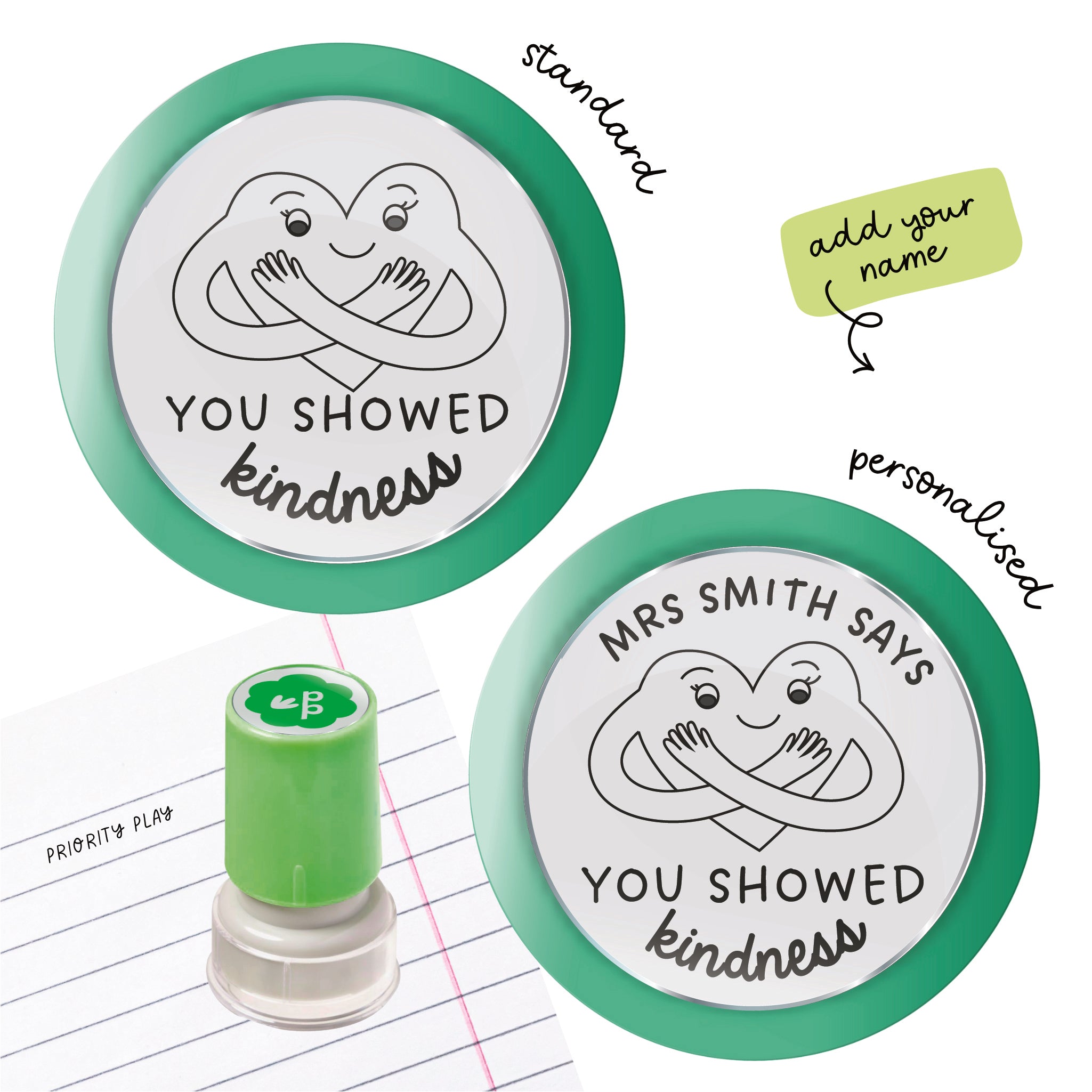 Positive behaviour teacher stamp with heart character and the phrase you showed kindness.