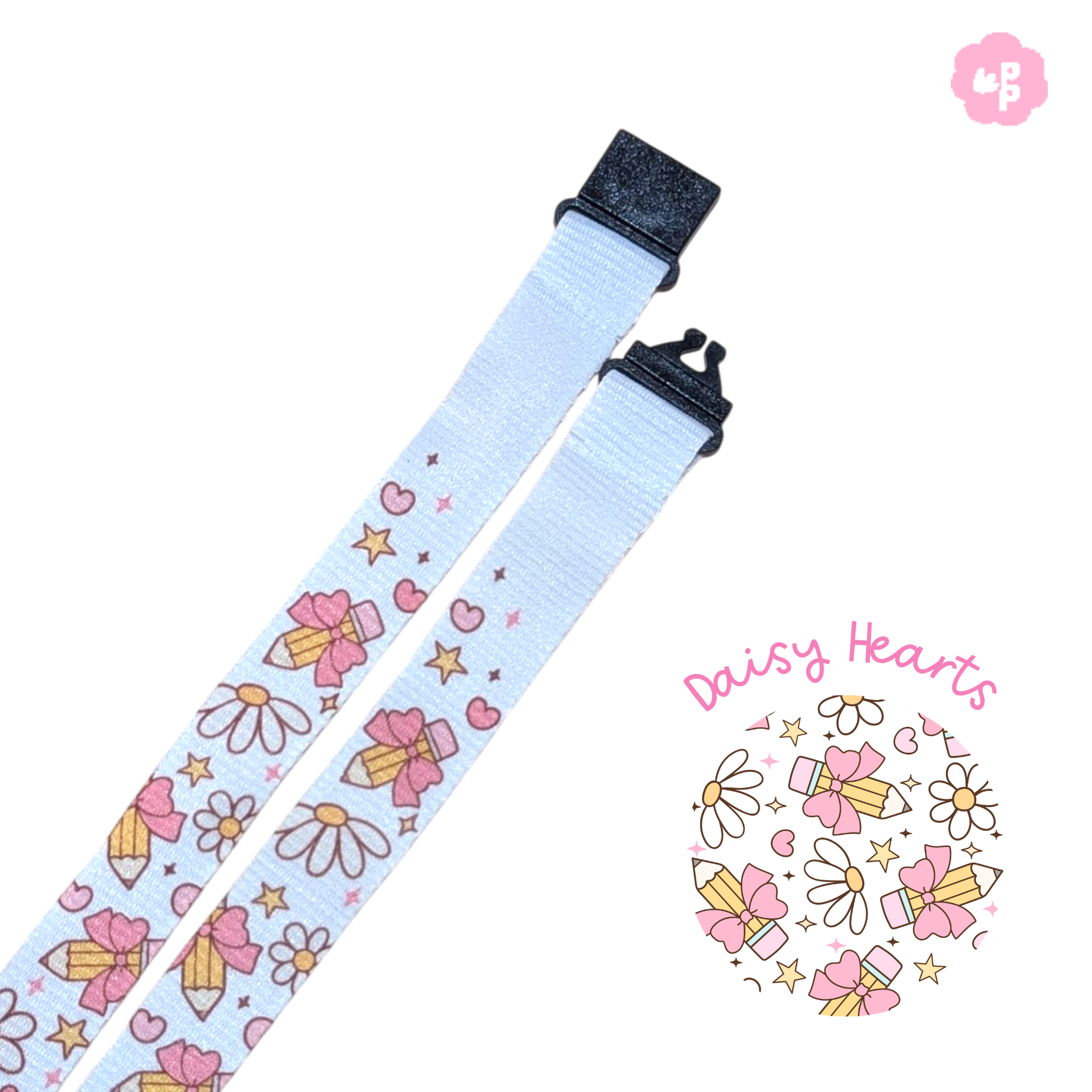 white teacher lanyard with daisy pattern featuring hearts and pencils and a black breakaway clasp