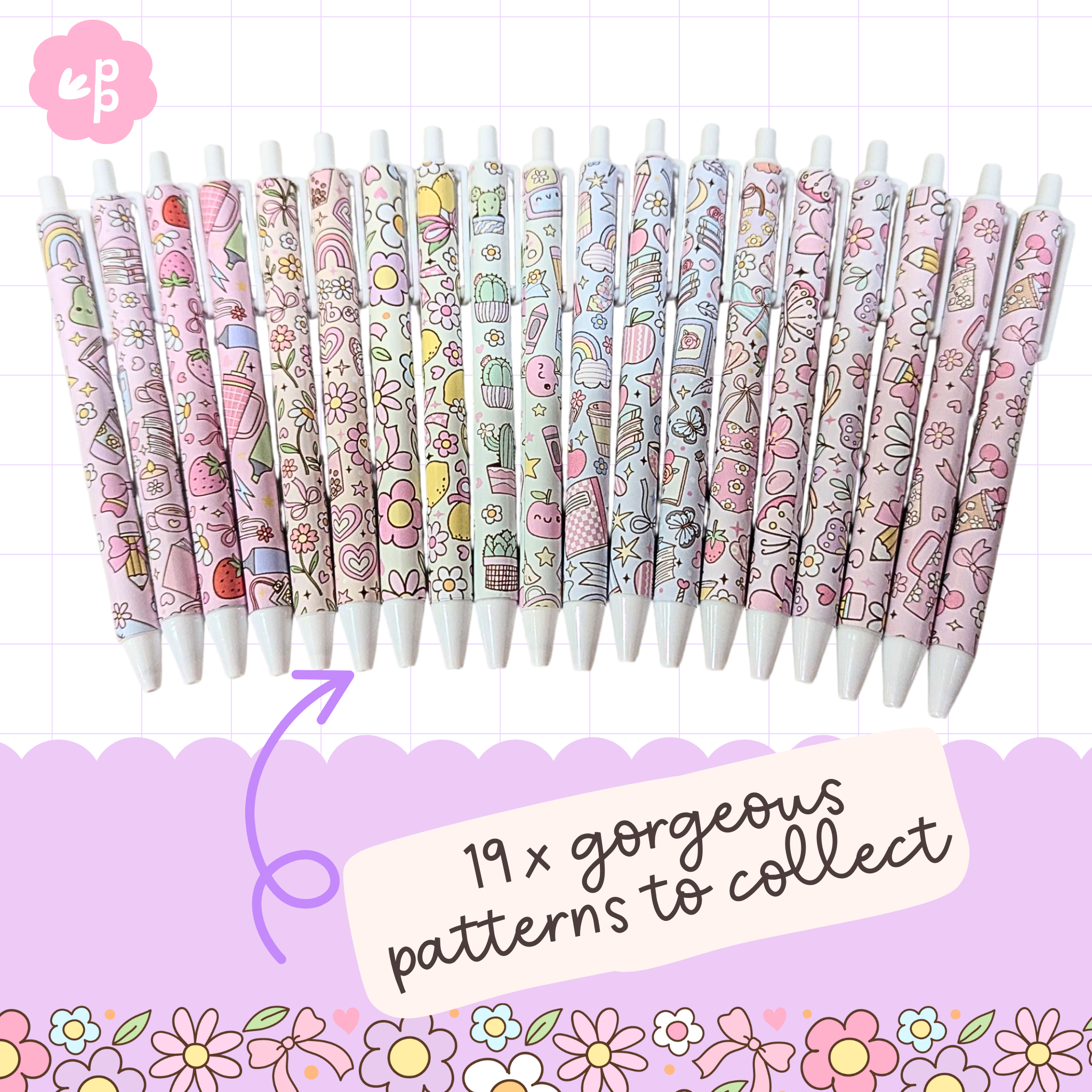 Full collection of 19 vinyl wrapped pastel pens with cute designs, aesthetic stationery for writing and journaling by Priority Play.