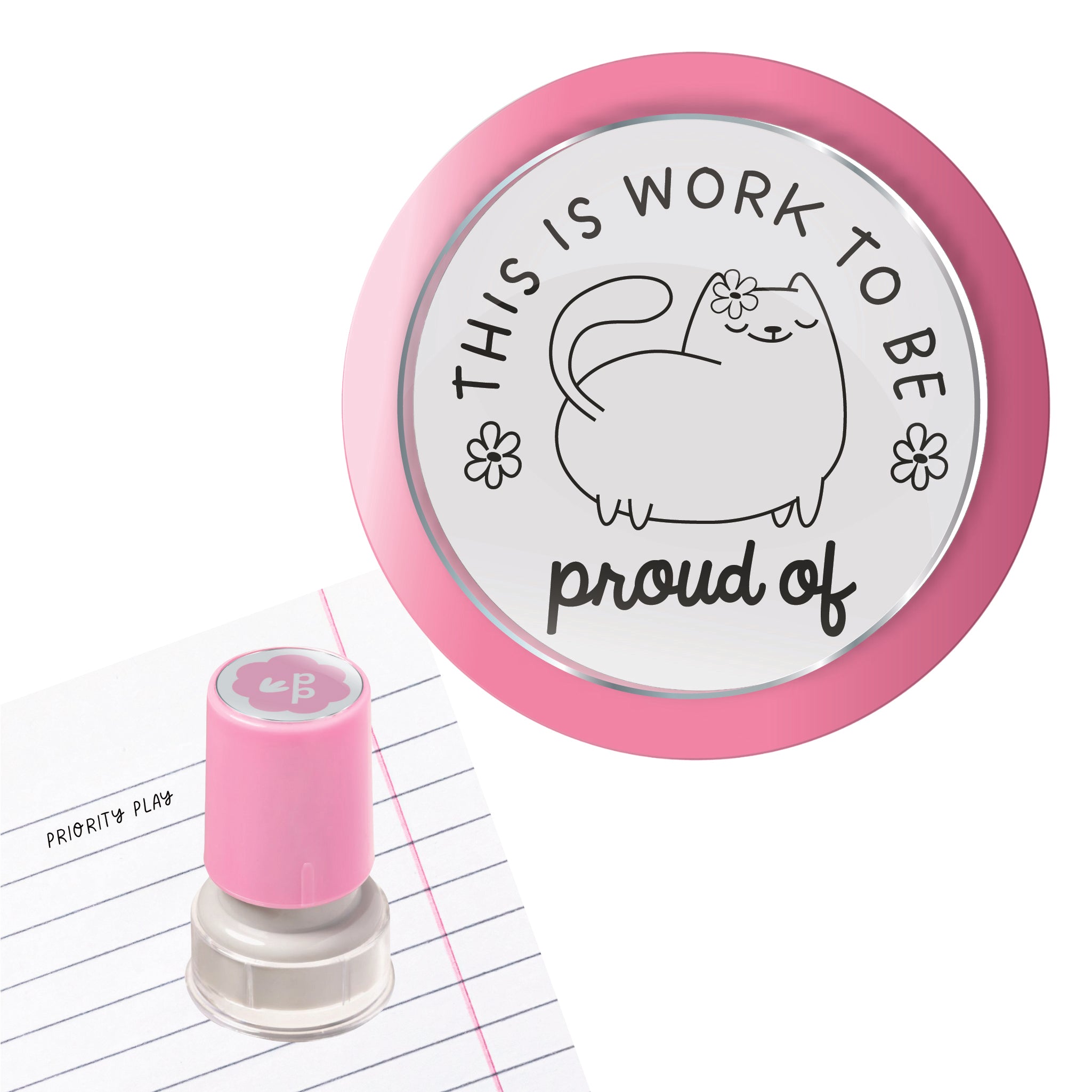 A teacher stamp with a cute fluffy cat and flowers, displaying the phrase “This is work to be proud of