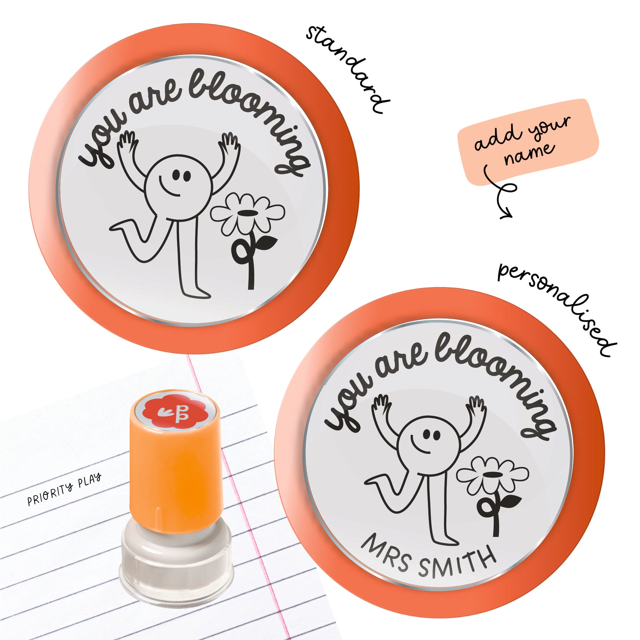 You Are Blooming teacher stamp with a joyful stick-figure and flower graphic, available in standard and personalised versions.