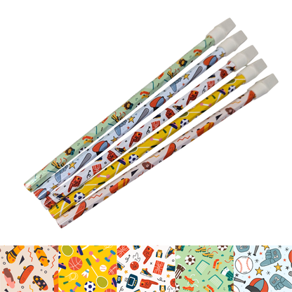 Vinyl wrapped pencil set with sports themed patterns including football, baseball and skateboards, perfect for students and gifts.
