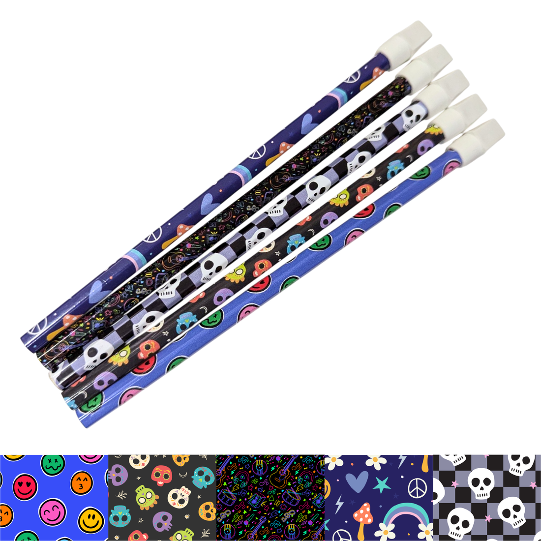 Retro and skull-themed vinyl wrapped pencil set with peace signs, skulls, hearts and smiley designs – perfect stationery gift for students.”