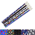 Retro and skull-themed vinyl wrapped pencil set with peace signs, skulls, hearts and smiley designs – perfect stationery gift for students.”