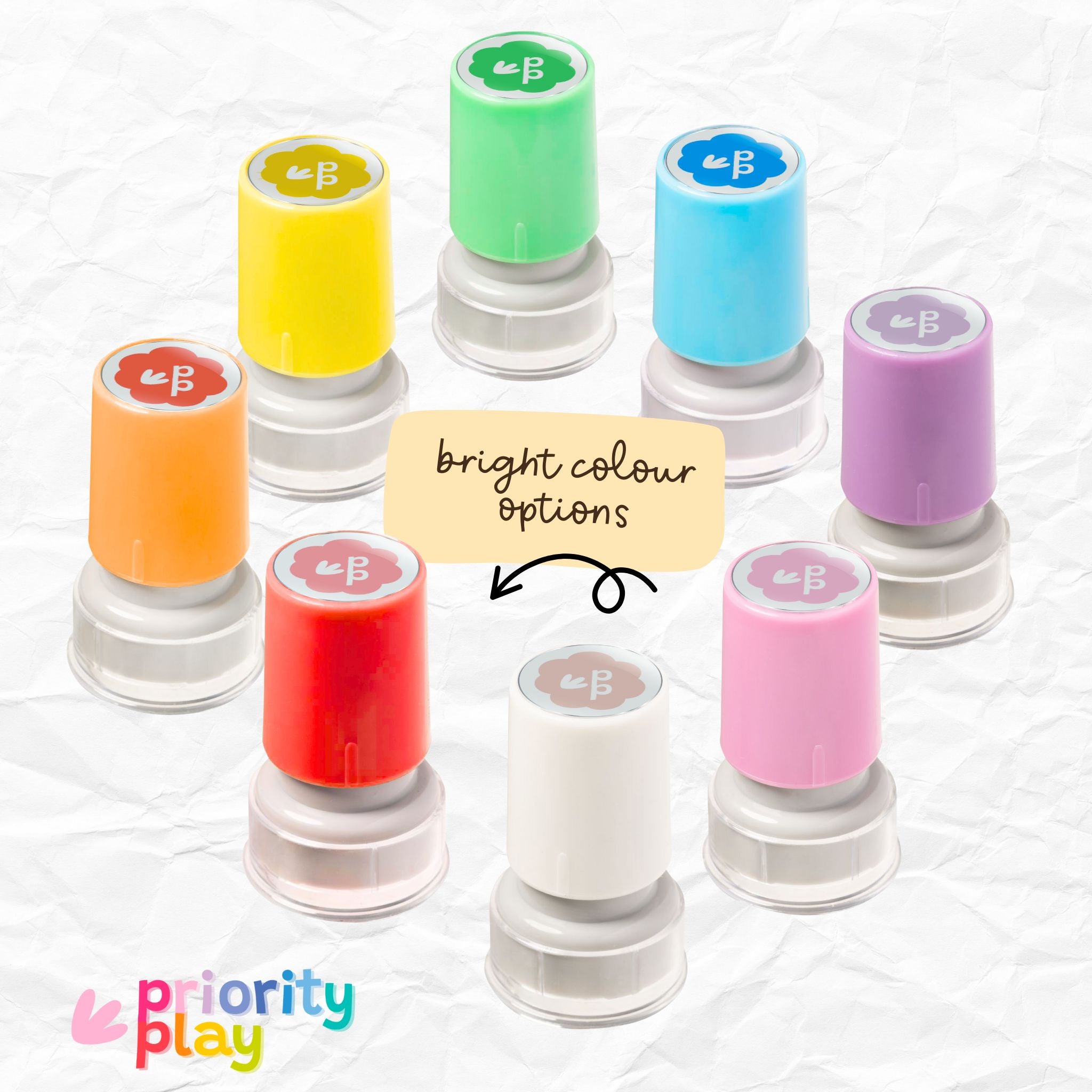 Set of colorful teacher stamps with Priority Play branding on a white background
