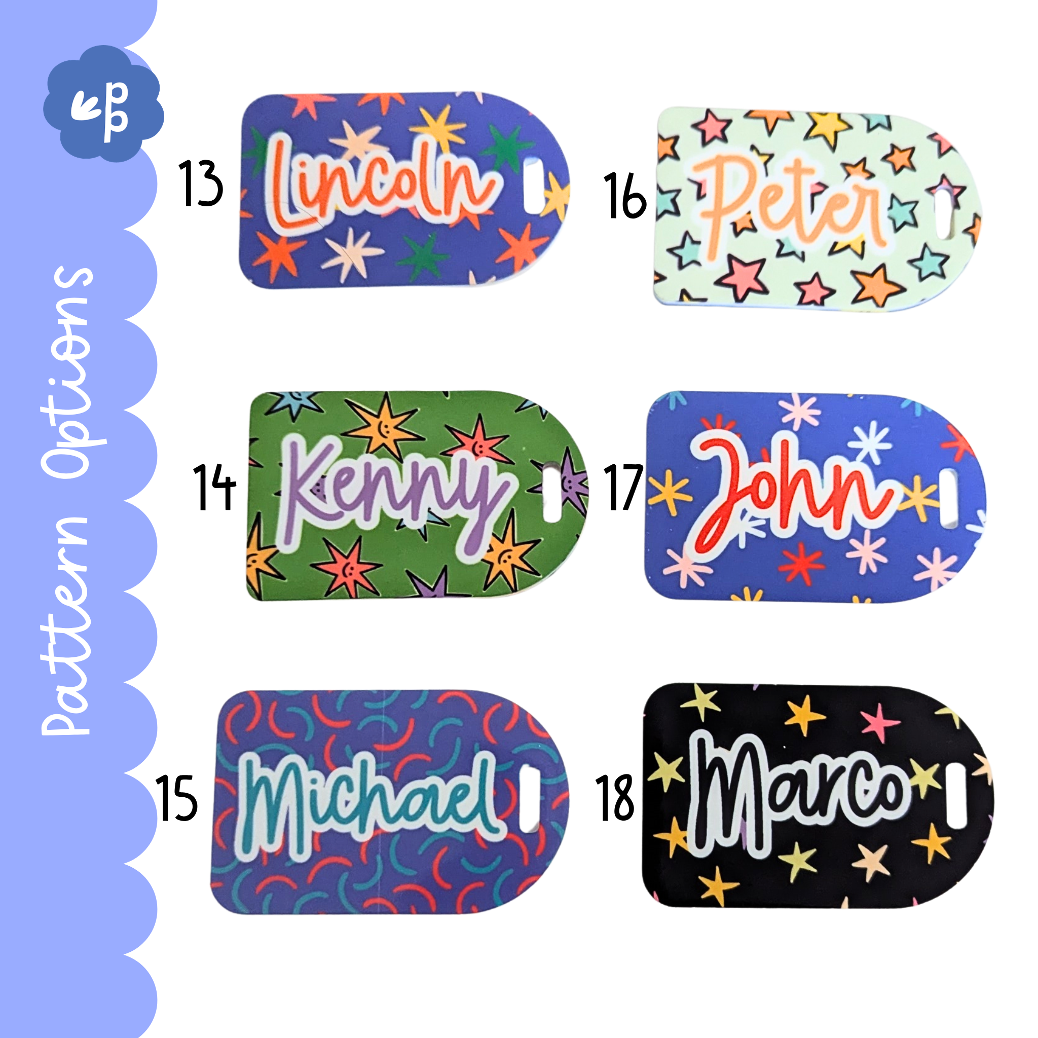 Personalised bag tag pattern options featuring stars and bold fun designs set 3 by Priority Play